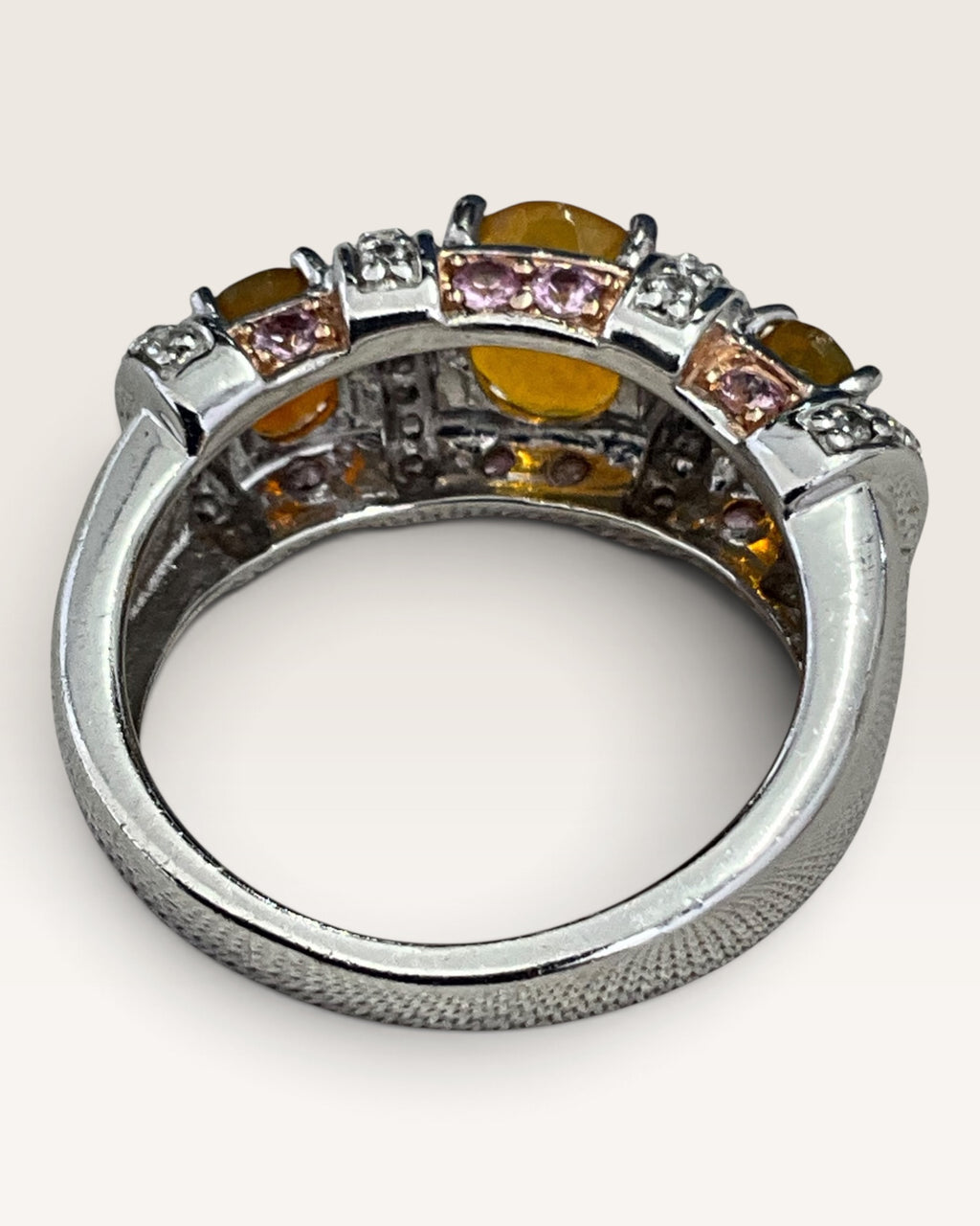 Ethiopian Opal Pink Sapphire White Zircon Rhodium Over Sterling Ring - Pew-Loved