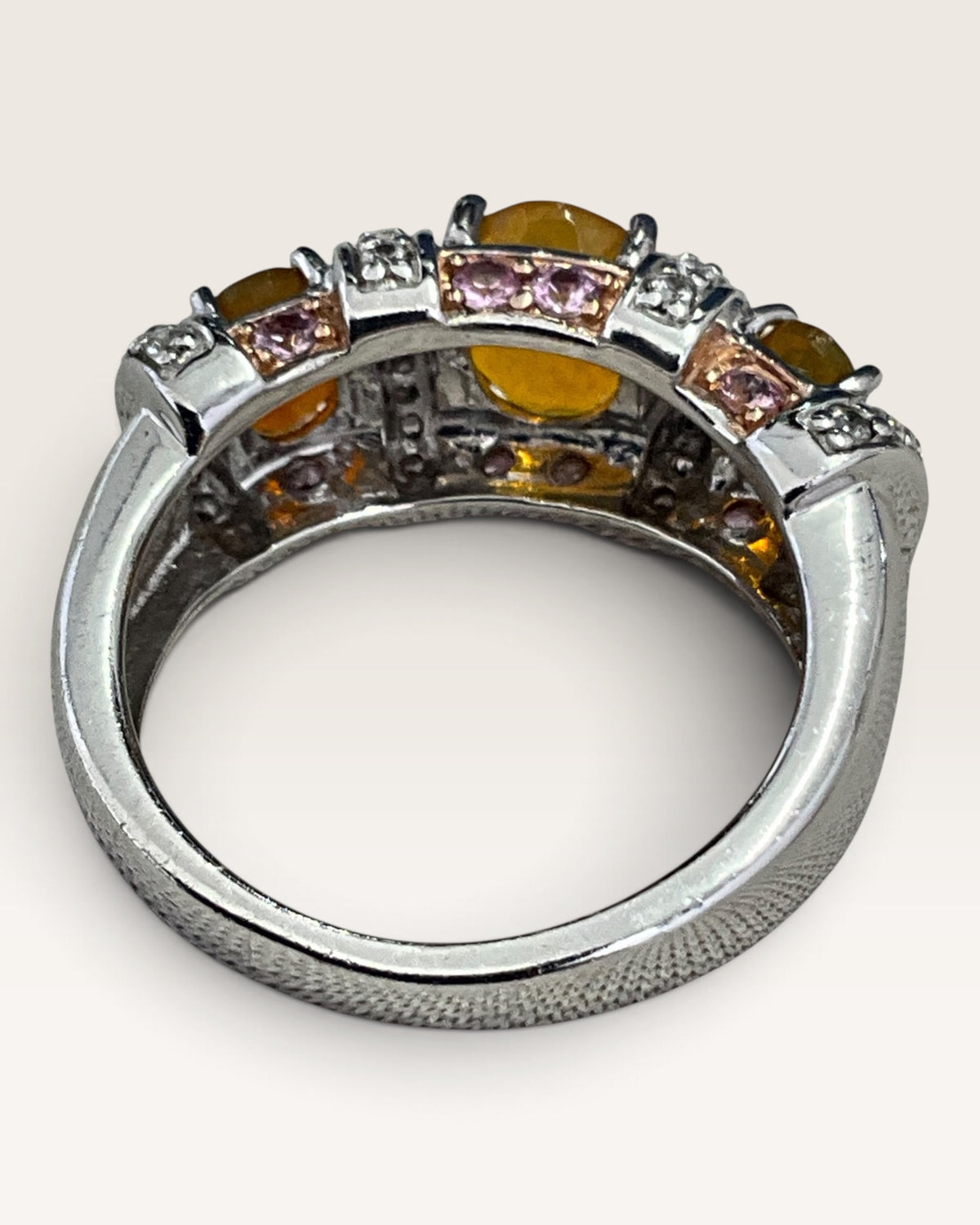 Ethiopian Opal Pink Sapphire White Zircon Rhodium Over Sterling Ring - Pew-Loved
