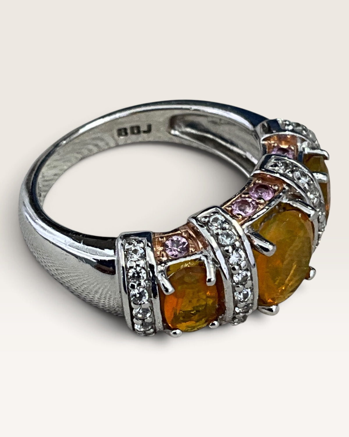 Ethiopian Opal Pink Sapphire White Zircon Rhodium Over Sterling Ring - Pew-Loved