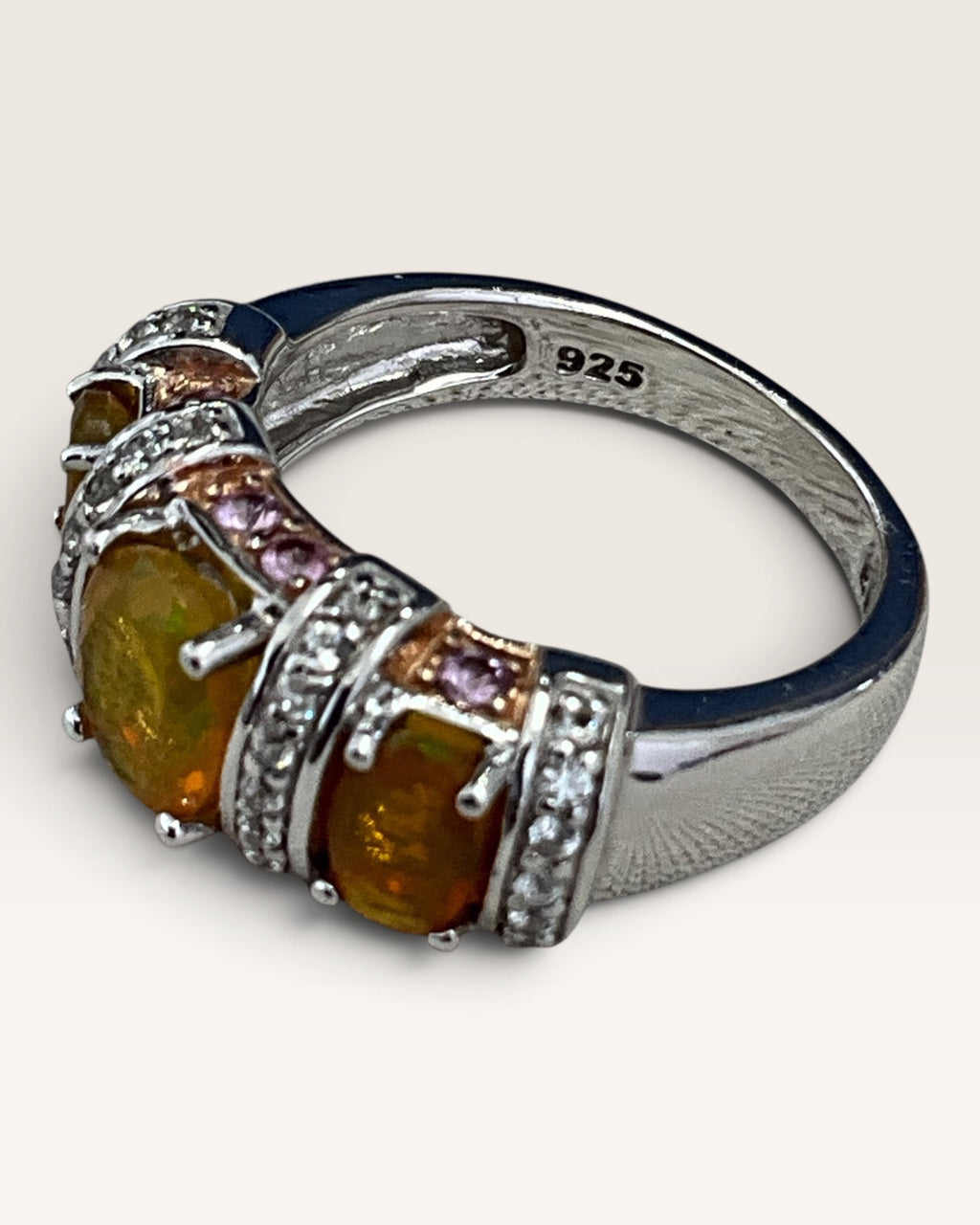 Ethiopian Opal Pink Sapphire White Zircon Rhodium Over Sterling Ring - Pew-Loved
