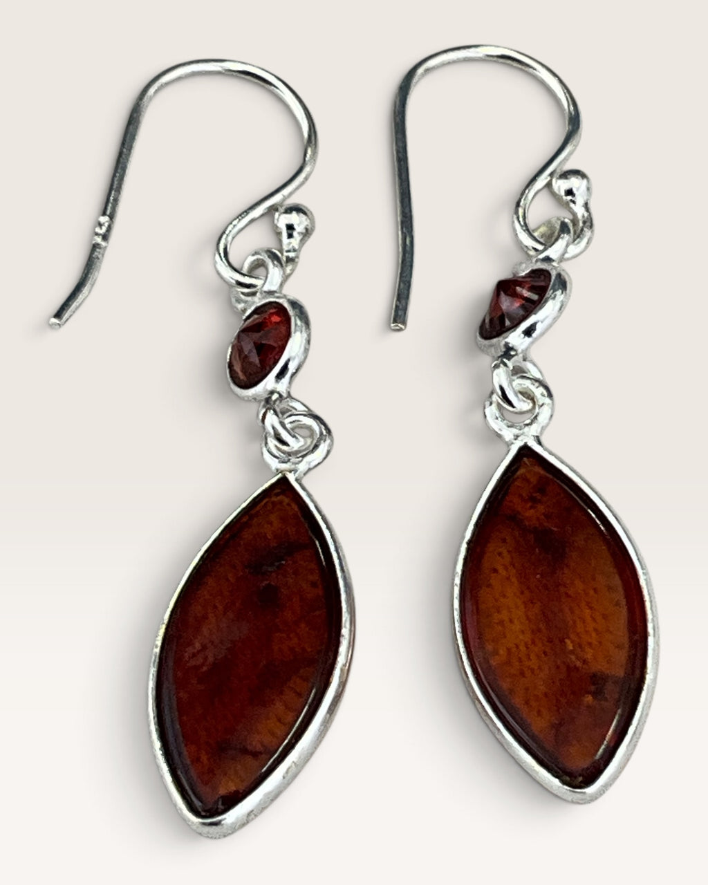 Sterling Silver Baltic Amber & Garnet Dangle Earrings
