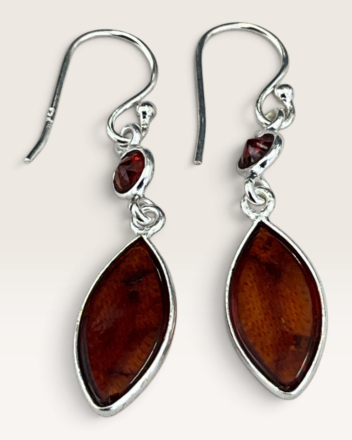Sterling Silver Baltic Amber & Garnet Dangle Earrings