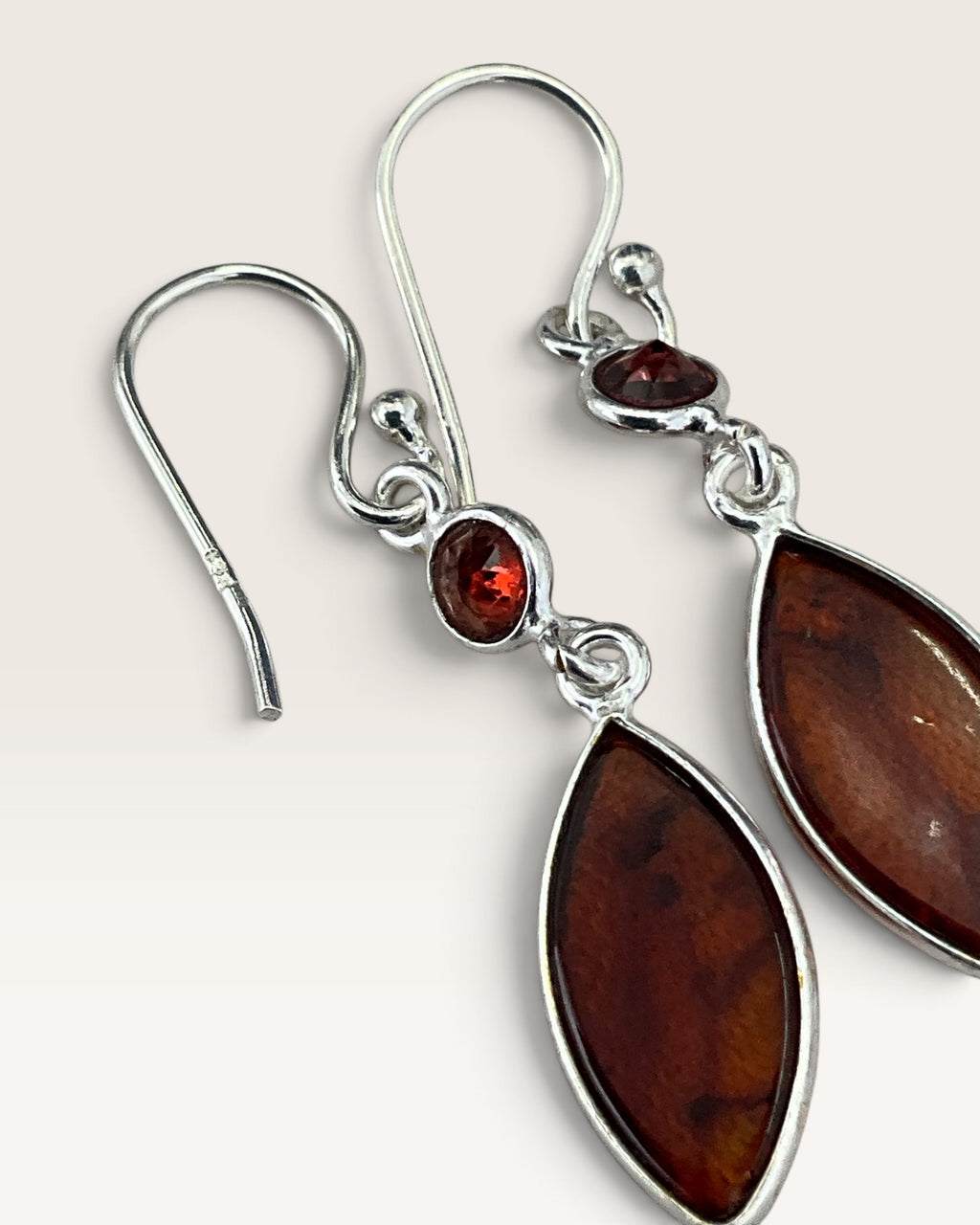 Sterling Silver Baltic Amber & Garnet Dangle Earrings