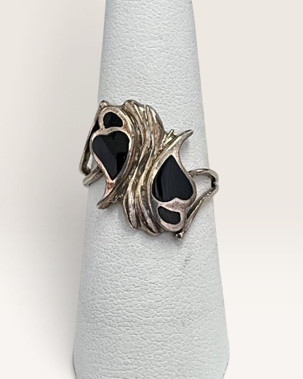 Sterling Silver Double Onyx Heart Ring