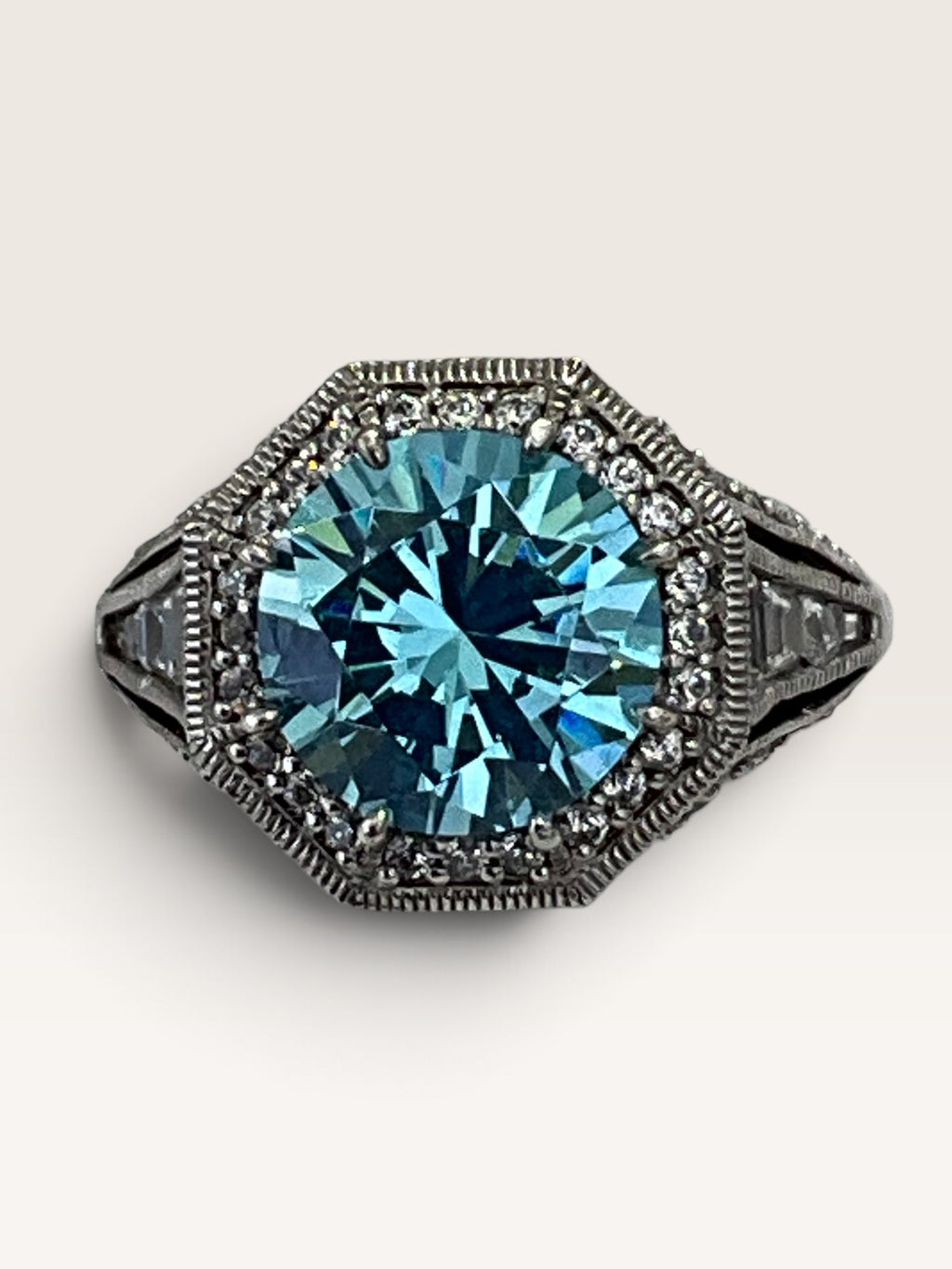Sterling Silver Art Deco Blue Topaz Cubic Zirconia Ring