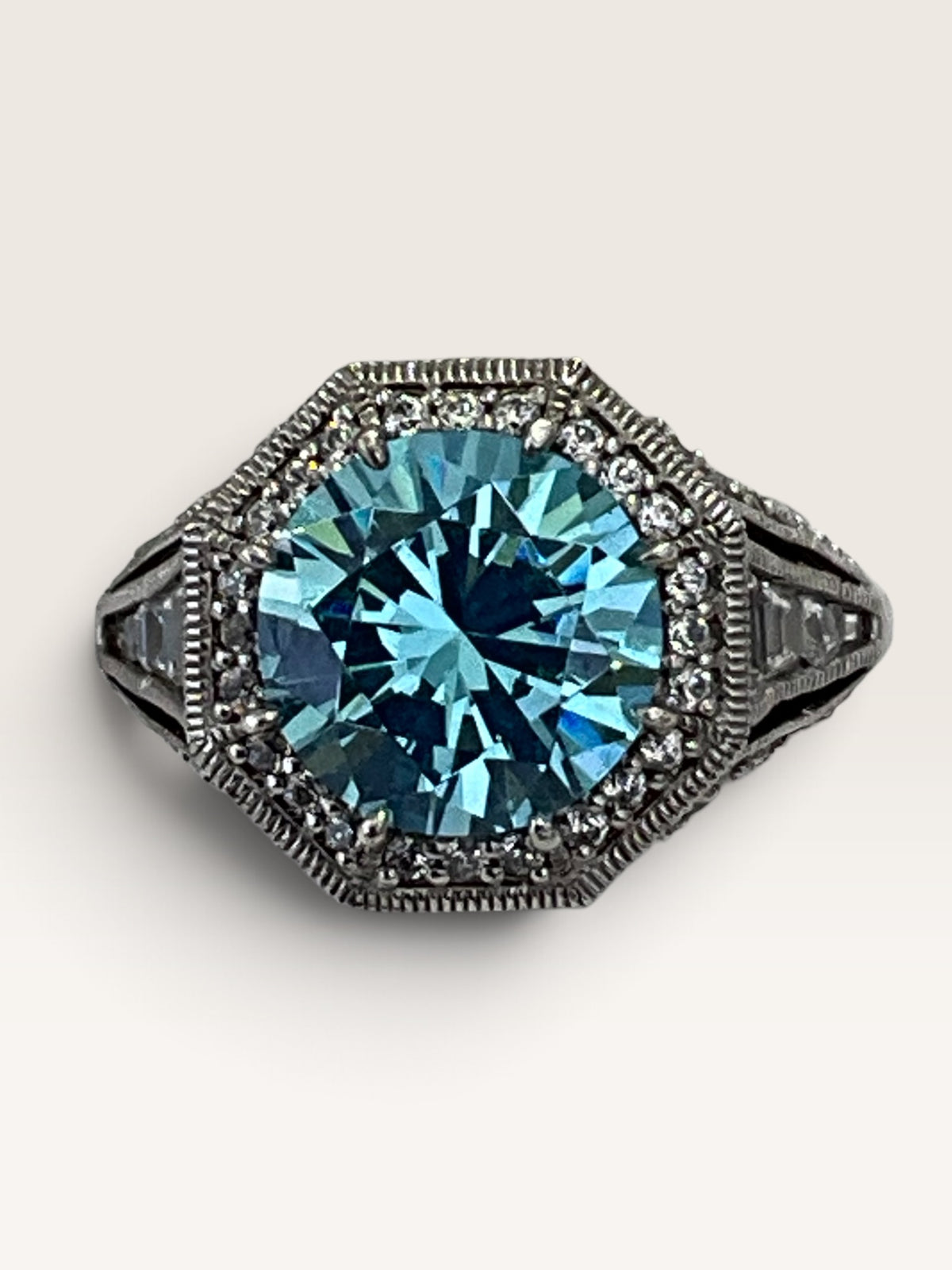 Sterling Silver Art Deco Blue Topaz Cubic Zirconia Ring