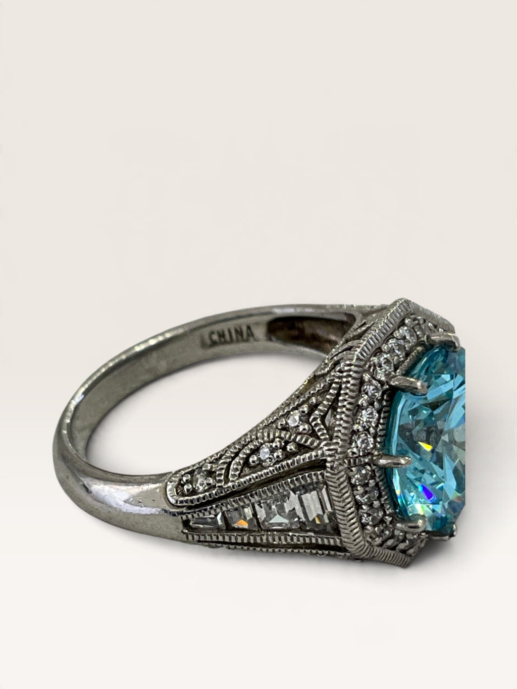 Sterling Silver Art Deco Blue Topaz Cubic Zirconia Ring