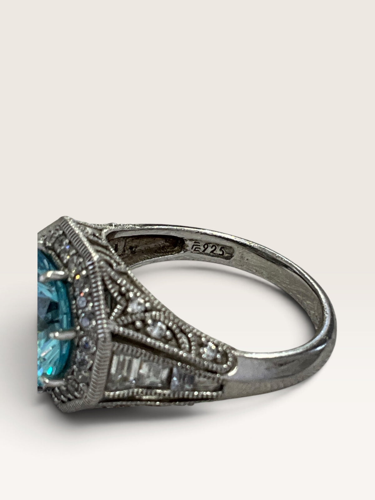 Sterling Silver Art Deco Blue Topaz Cubic Zirconia Ring