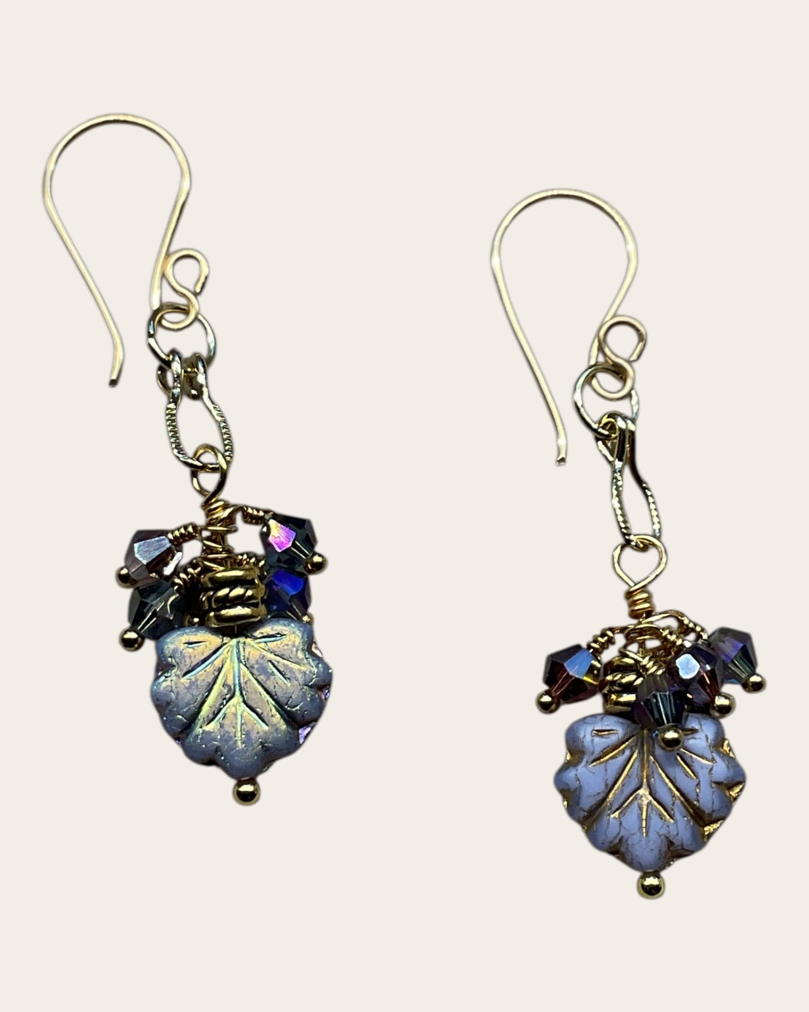 Czech Glass Leaves & Faceted Bicone Designer Earrings