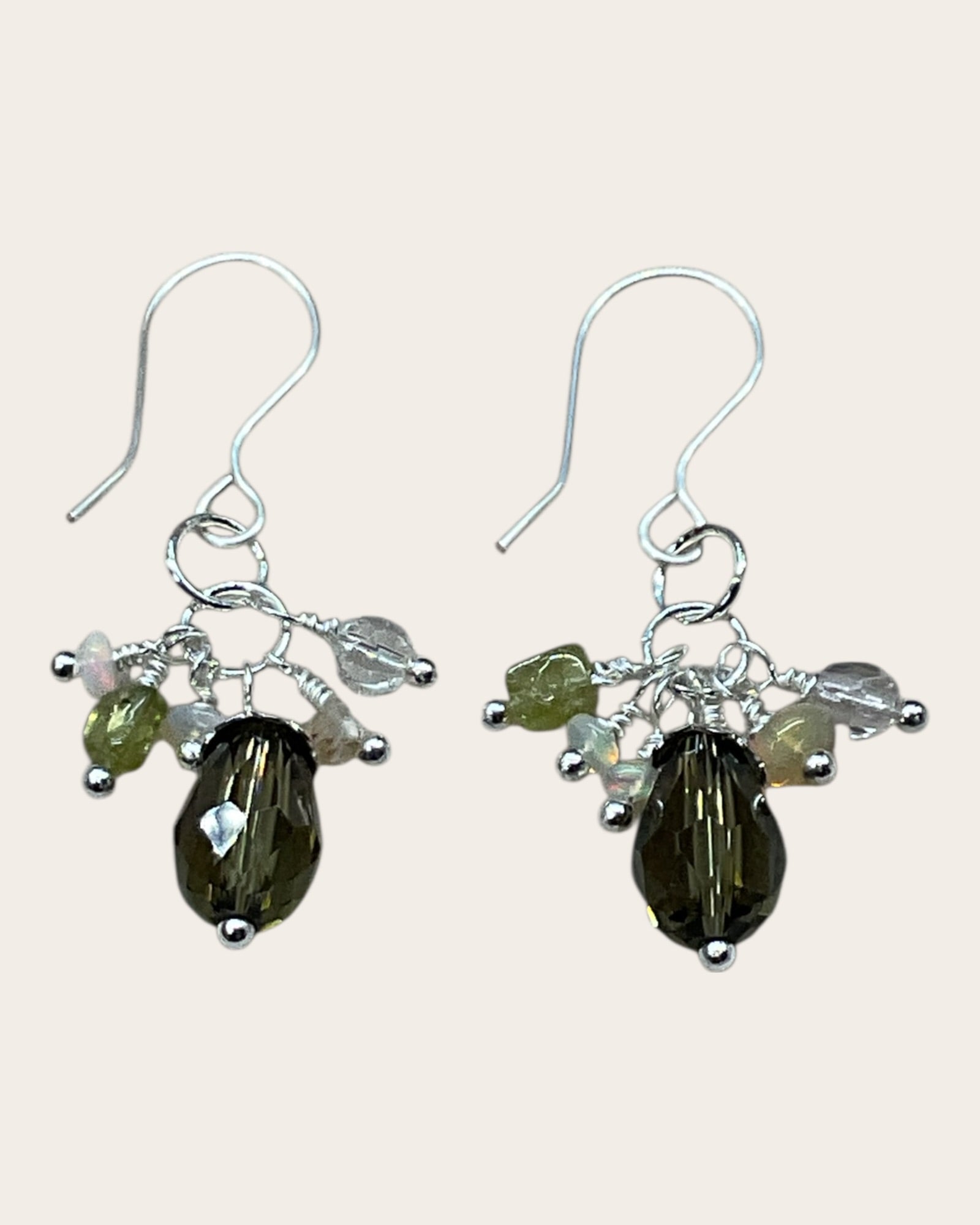 Smoky Quartz, Opals & White Crystal Designer Earrings
