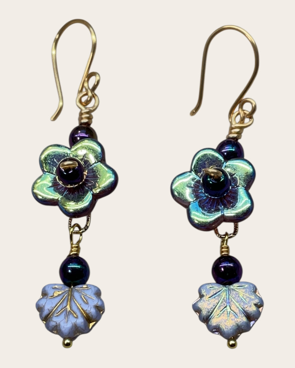 Czech Glass Flower and Leaves Designer Earrings