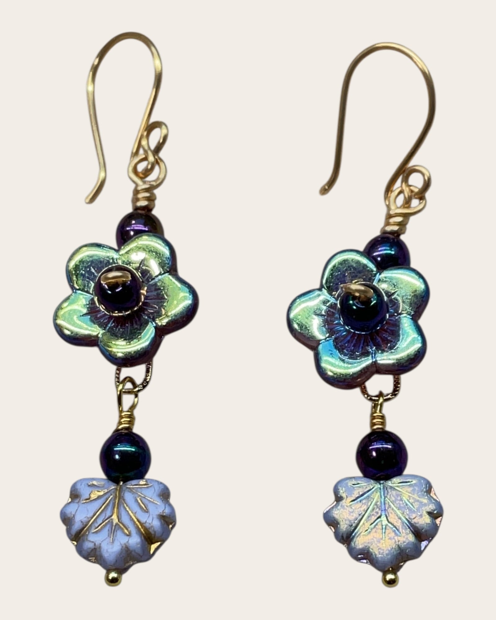 Czech Glass Flower and Leaves Designer Earrings