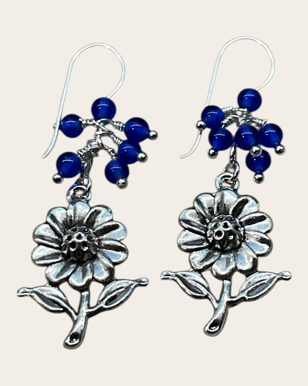 Silver Flower & Blue Beads Designer Earrings