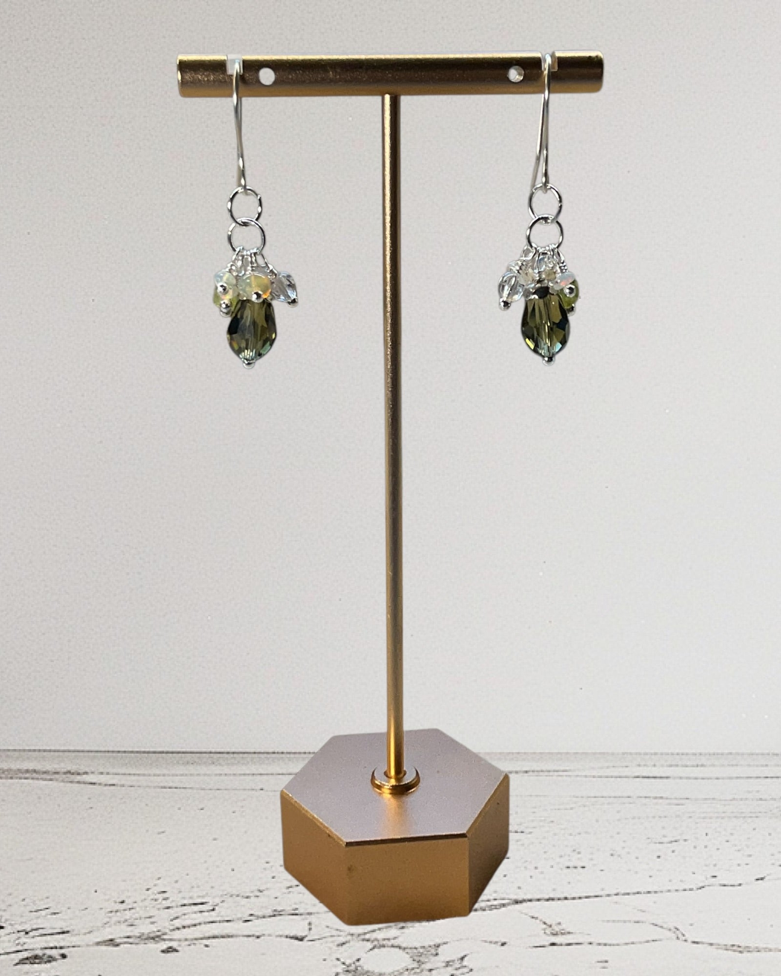 Smoky Quartz, Opals & White Crystal Designer Earrings