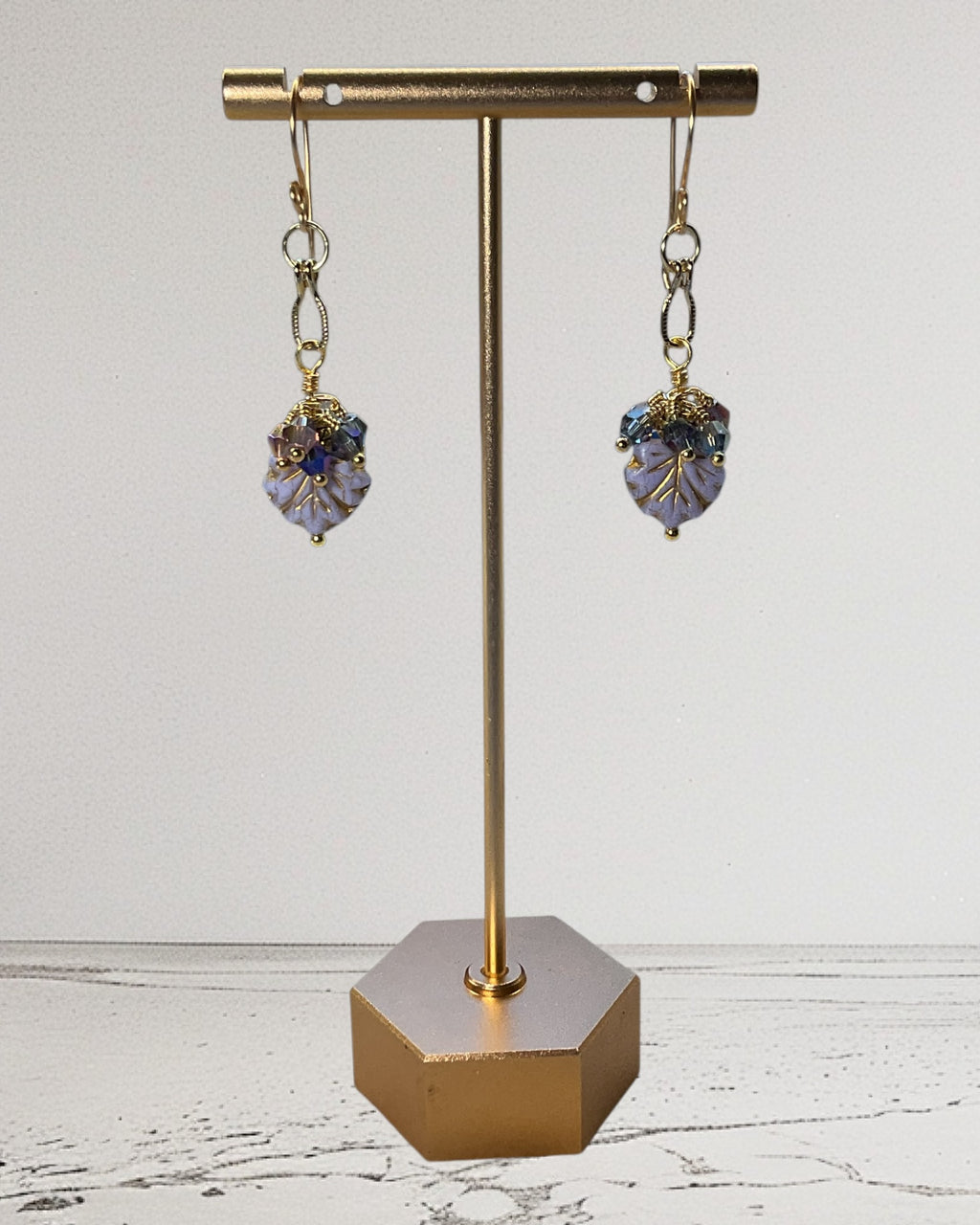 Czech Glass Leaves & Faceted Bicone Designer Earrings