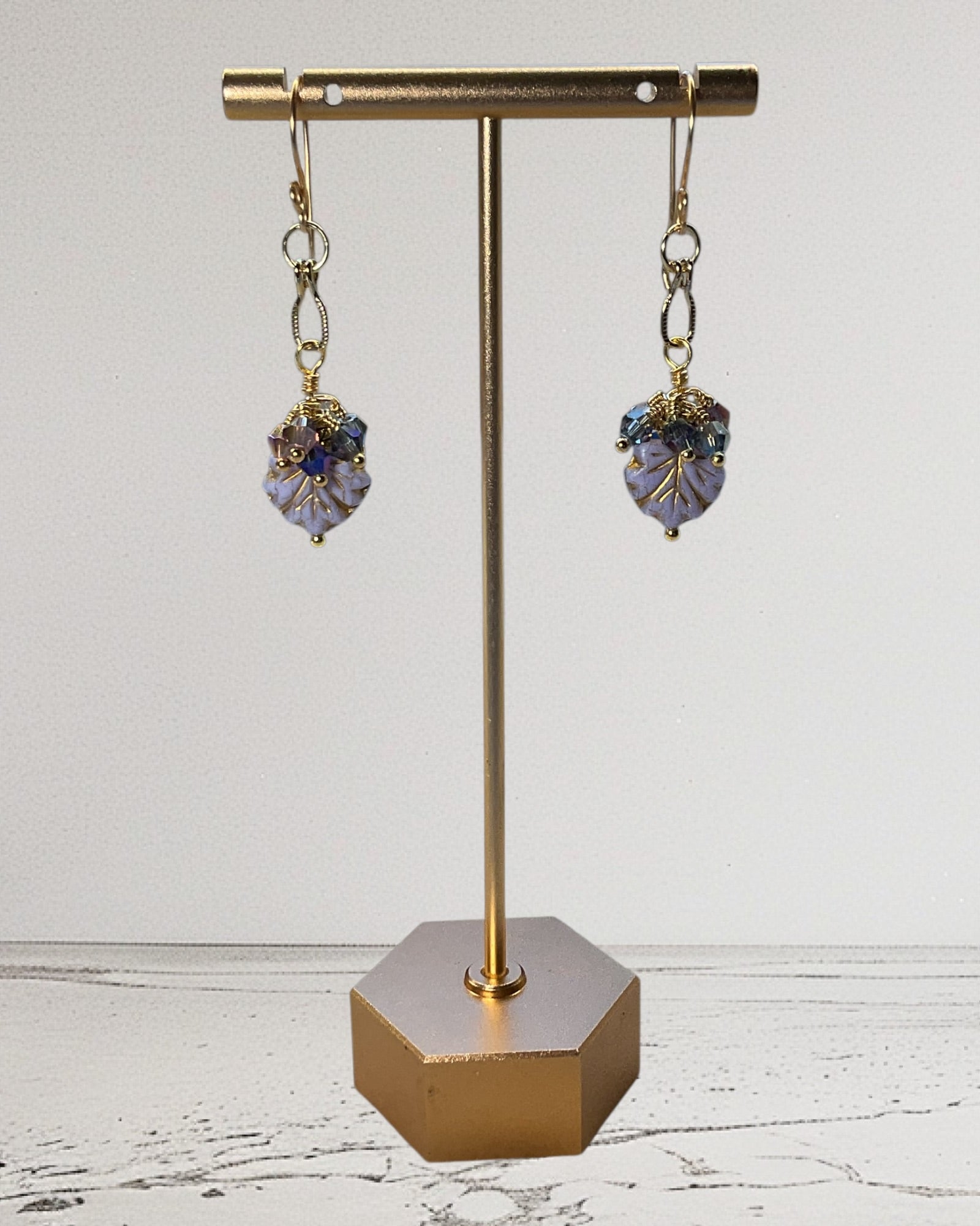 Czech Glass Leaves & Faceted Bicone Designer Earrings