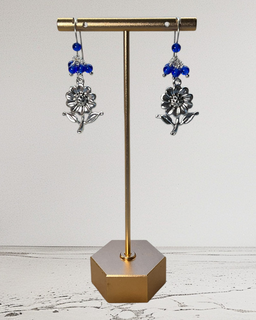 Silver Flower & Blue Beads Designer Earrings