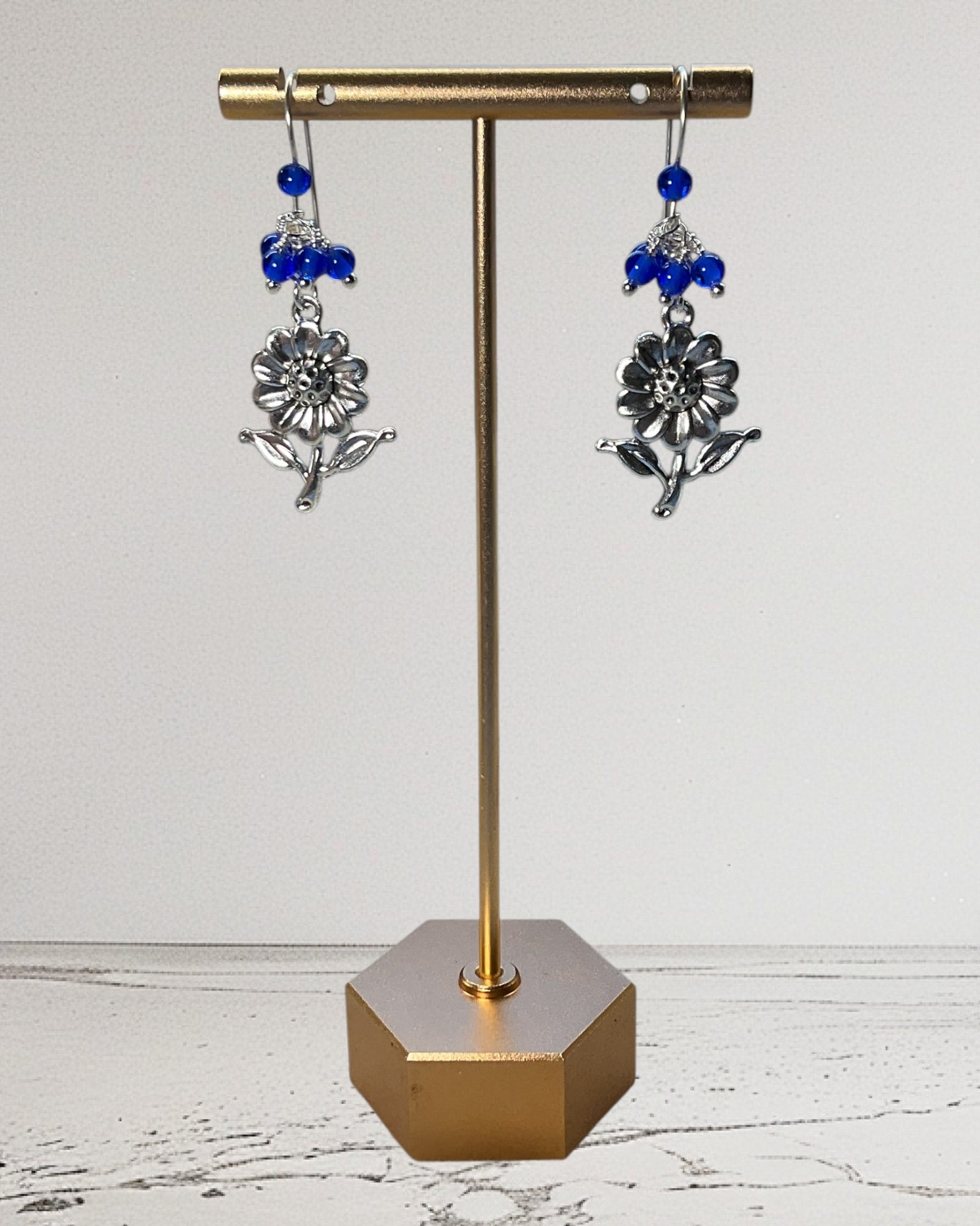 Silver Flower & Blue Beads Designer Earrings