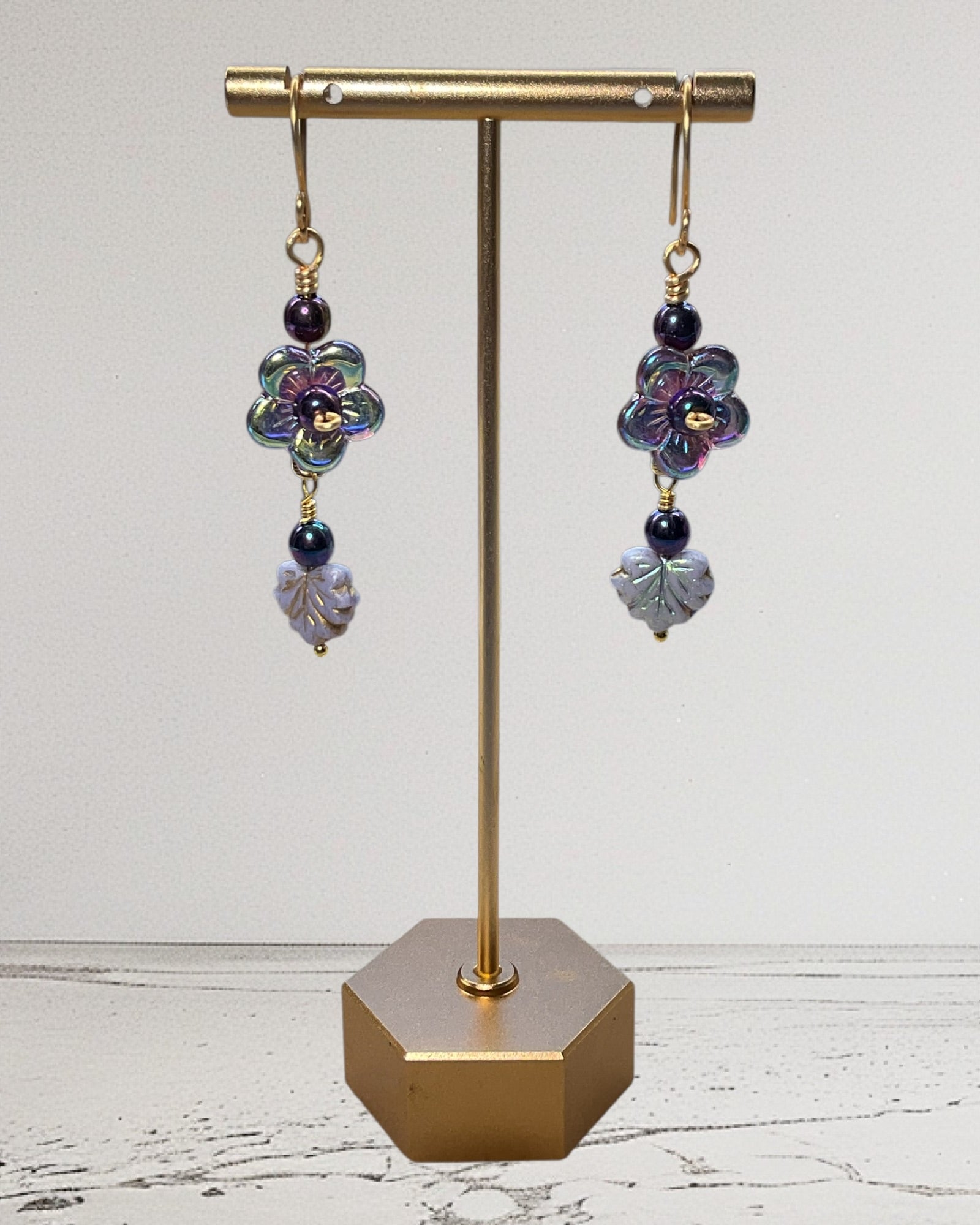 Czech Glass Flower and Leaves Designer Earrings