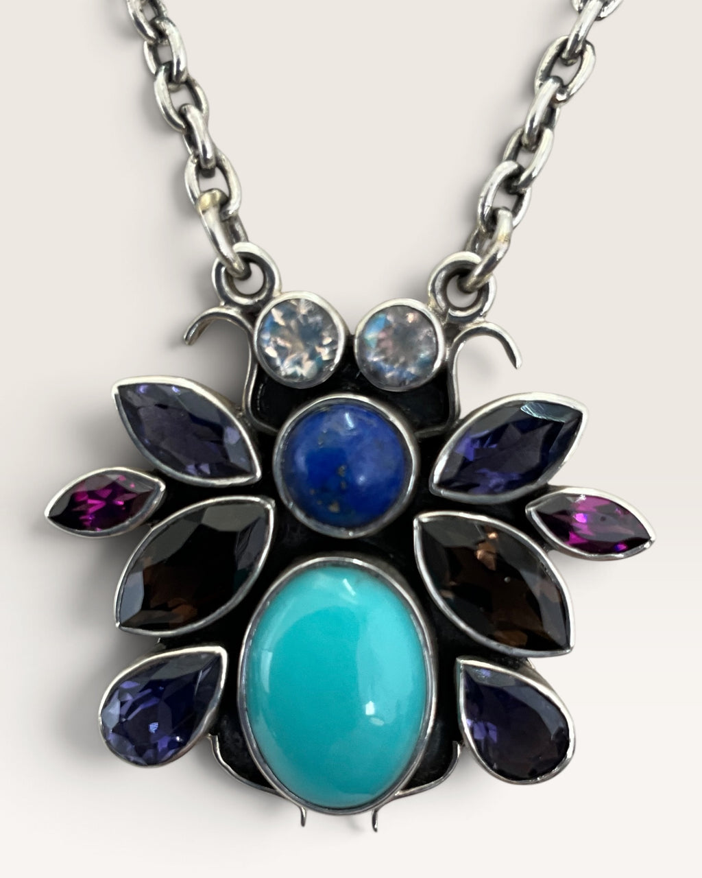 Sterling Silver Nicky Butler Pendant Necklace with Turquoise, Lapis, Garnet, Amethyst & Moonstone - Pre-Loved