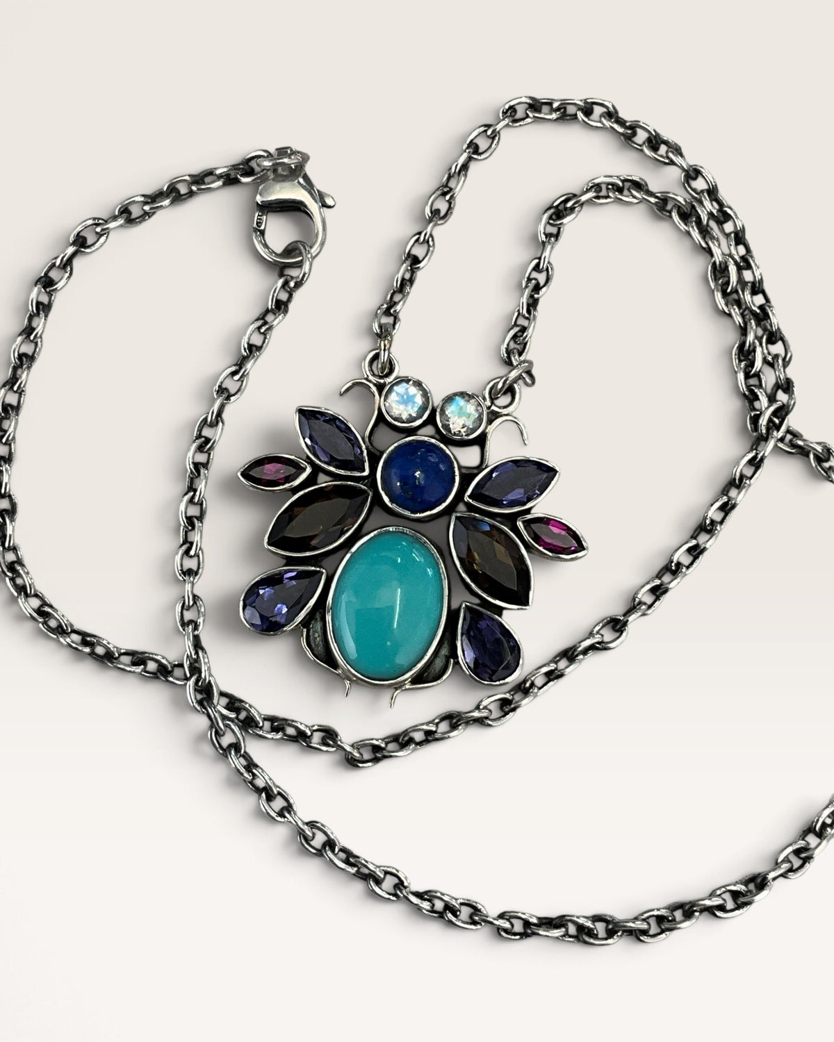 Sterling Silver Nicky Butler Pendant Necklace with Turquoise, Lapis, Garnet, Amethyst & Moonstone - Pre-Loved
