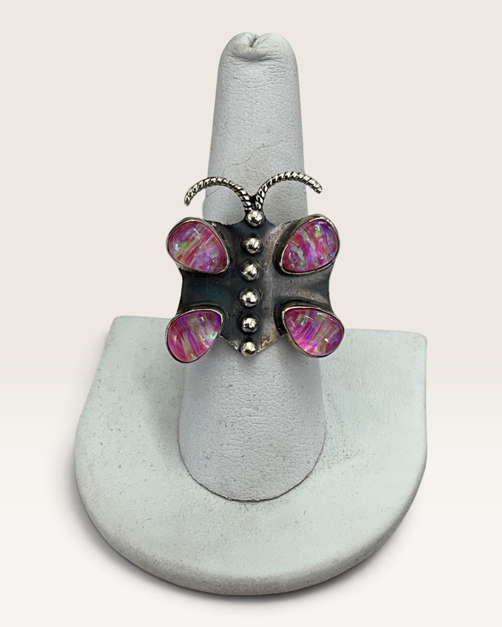 Sterling Silver Pink Synthetic Opal Ring - Pre-Loved