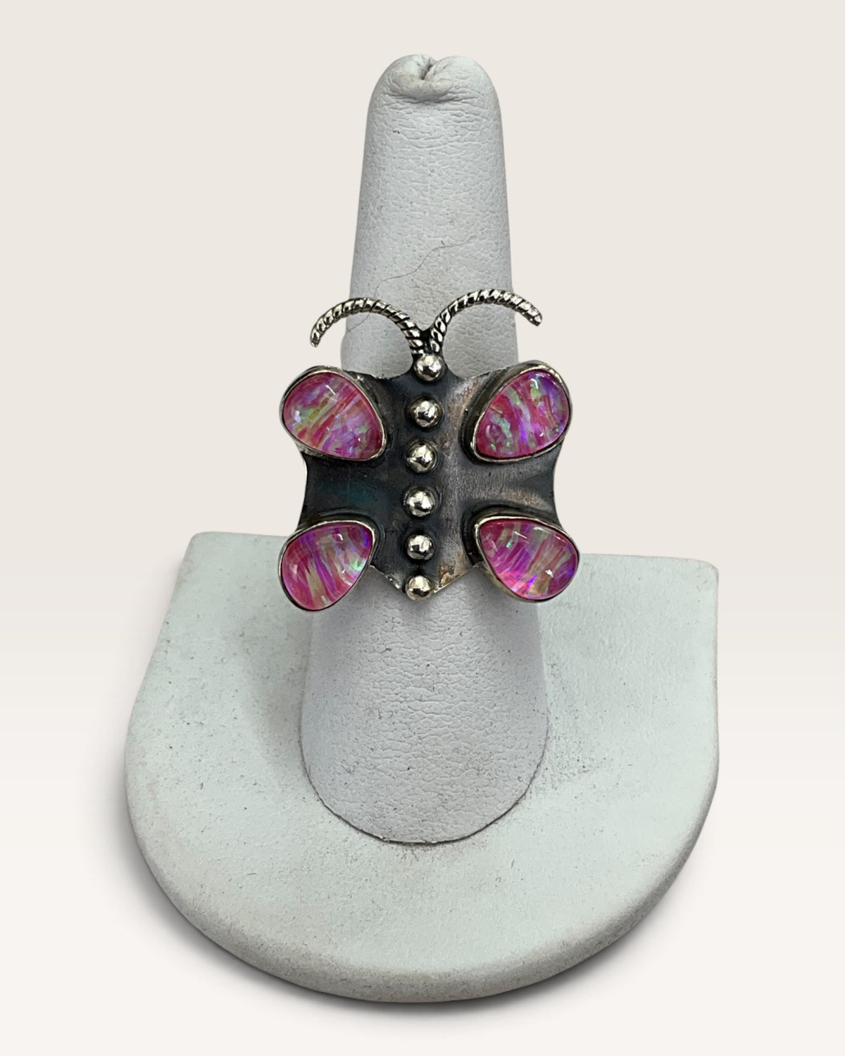 Sterling Silver Pink Synthetic Opal Ring - Pre-Loved