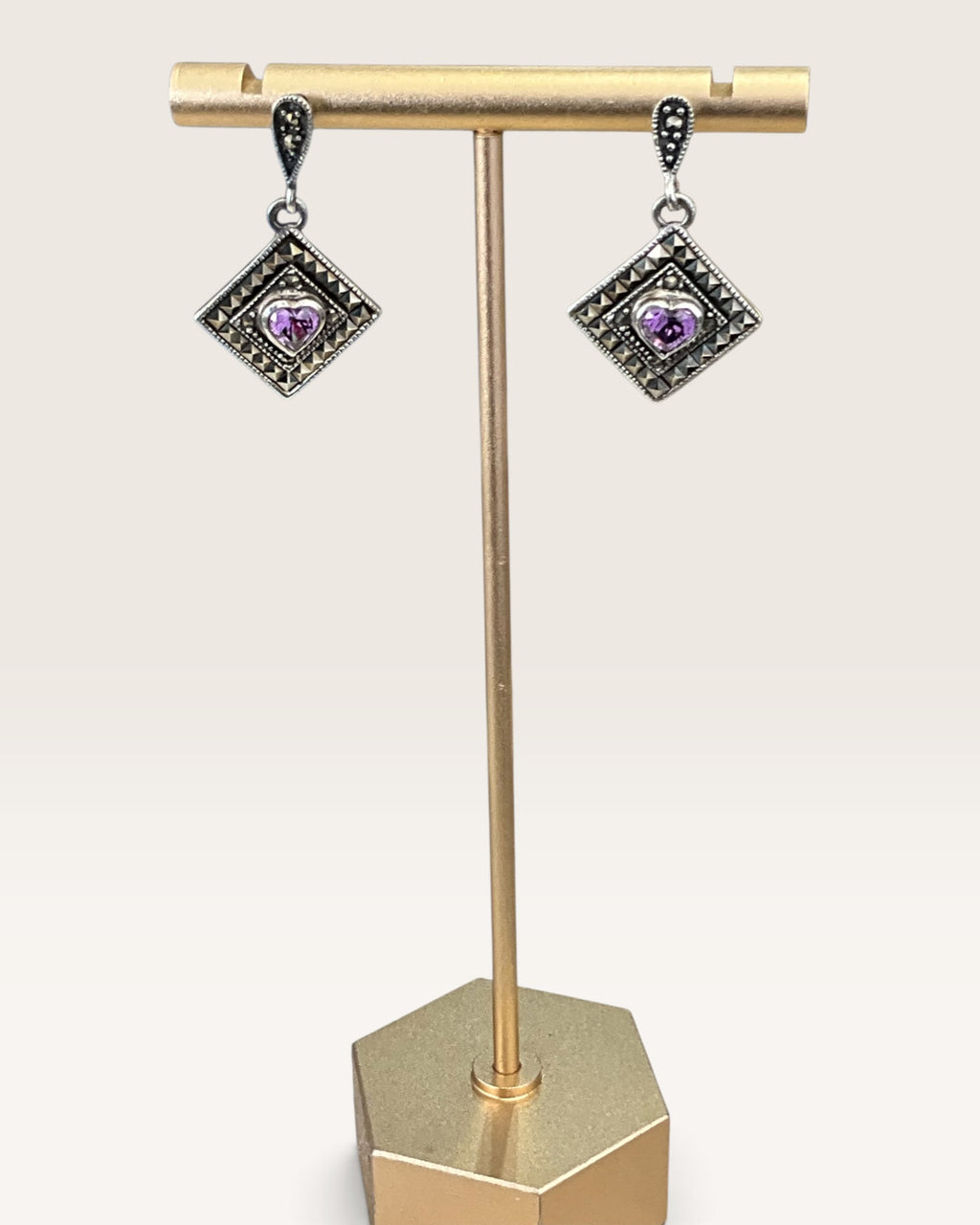Sterling Silver Charles Winston Amethyst and Marcasite Dangle Earrings - Pre-Loved