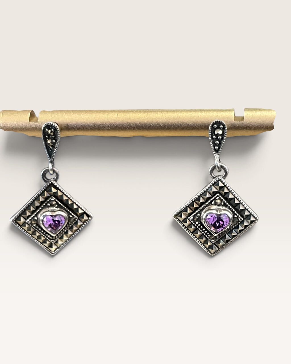 Sterling Silver Charles Winston Amethyst and Marcasite Dangle Earrings - Pre-Loved