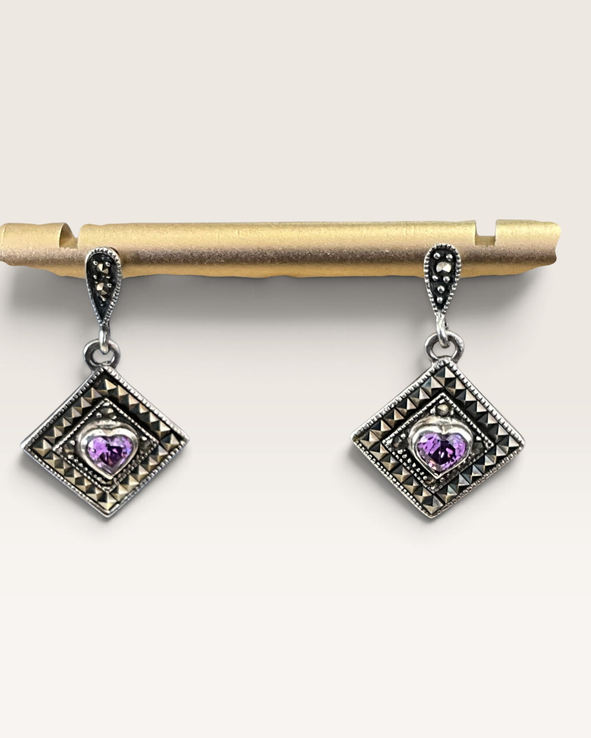 Sterling Silver Charles Winston Amethyst and Marcasite Dangle Earrings - Pre-Loved