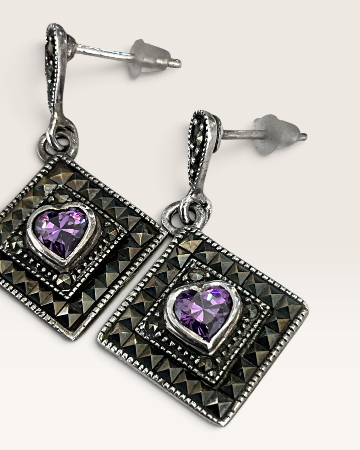 Sterling Silver Charles Winston Amethyst and Marcasite Dangle Earrings - Pre-Loved