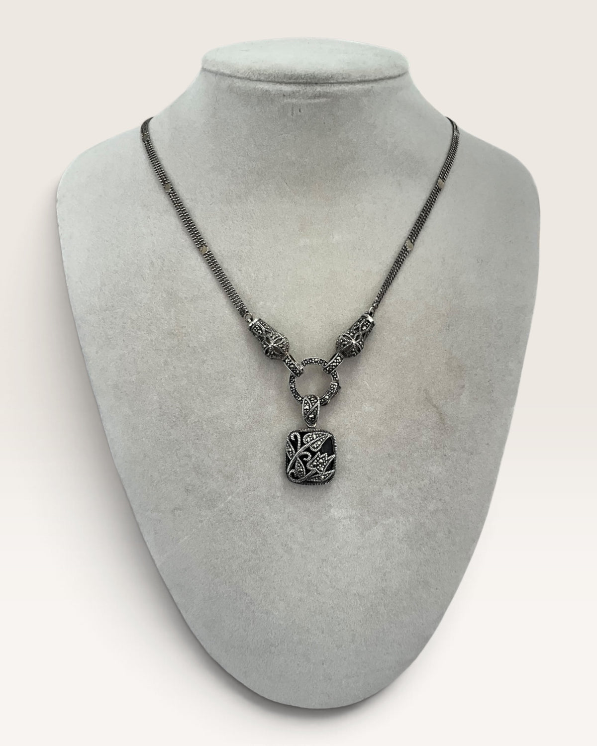 Sterling Silver Ross Simmons Black Onyx & Marcasite Necklace - Pre-Loved