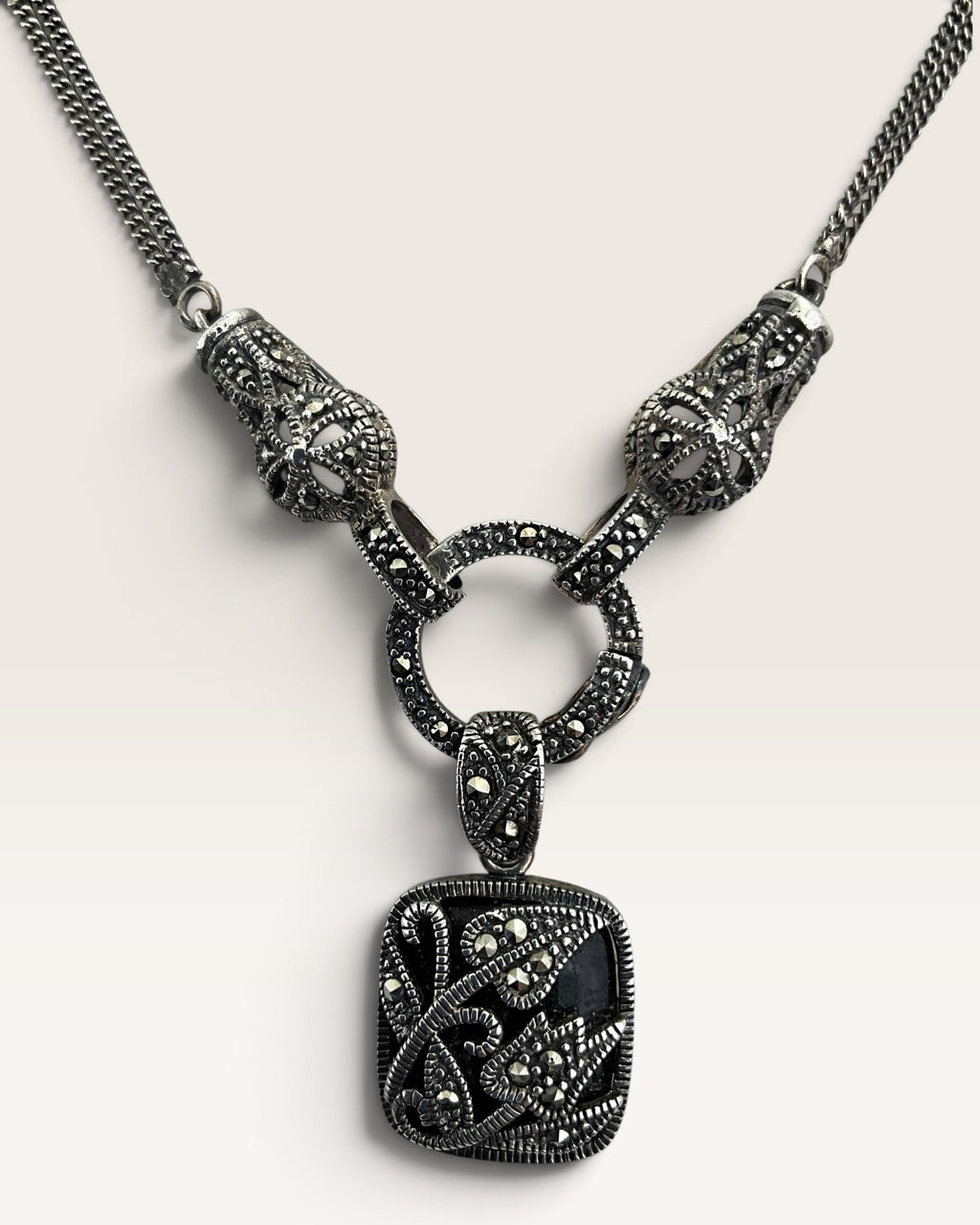 Sterling Silver Ross Simmons Black Onyx & Marcasite Necklace - Pre-Loved