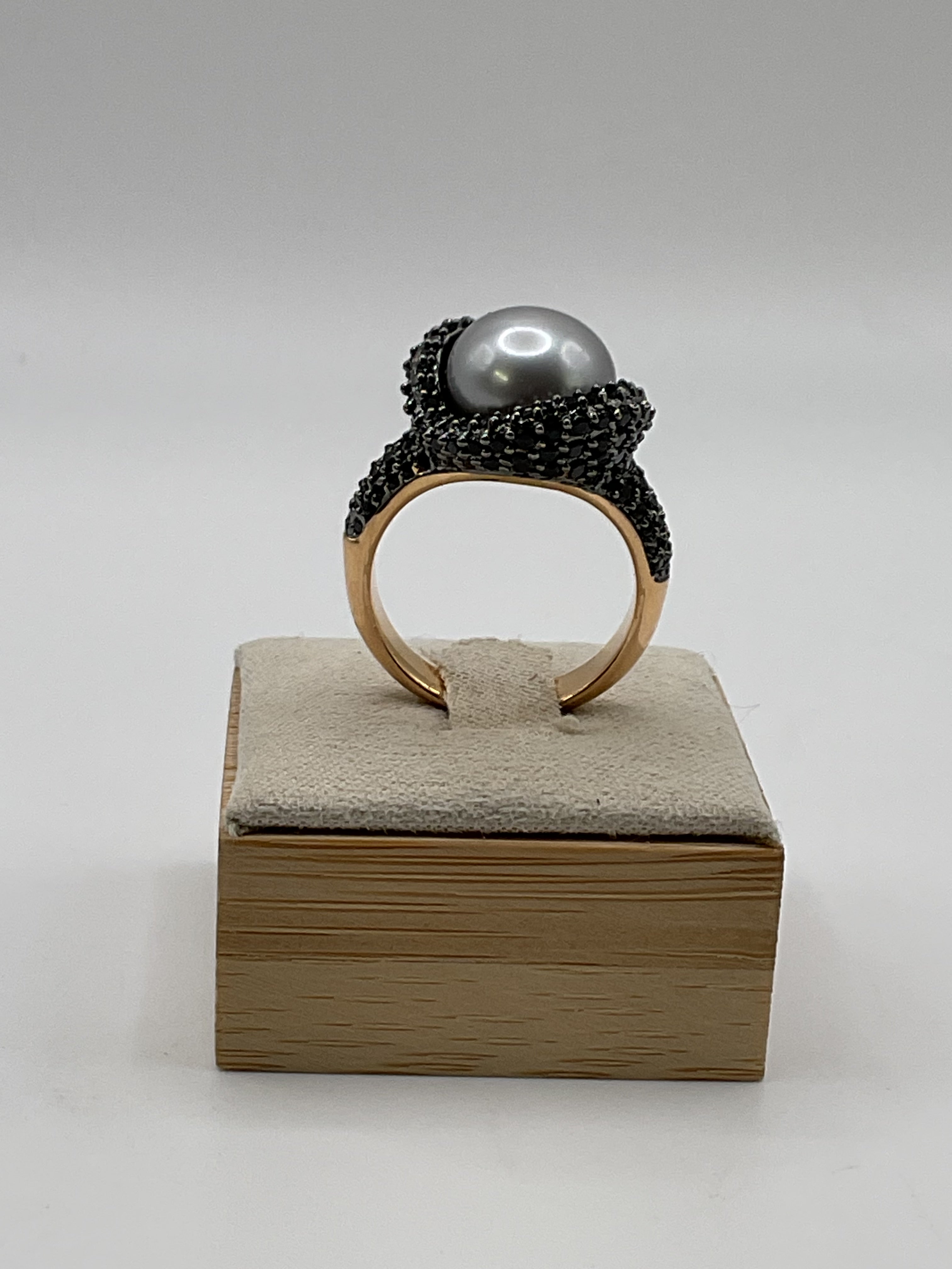 Italian Bronze Statement Ring | Black Spinel Pavé Halo with Pearl Center | Designer Style - Estate Sale (Great Condition)