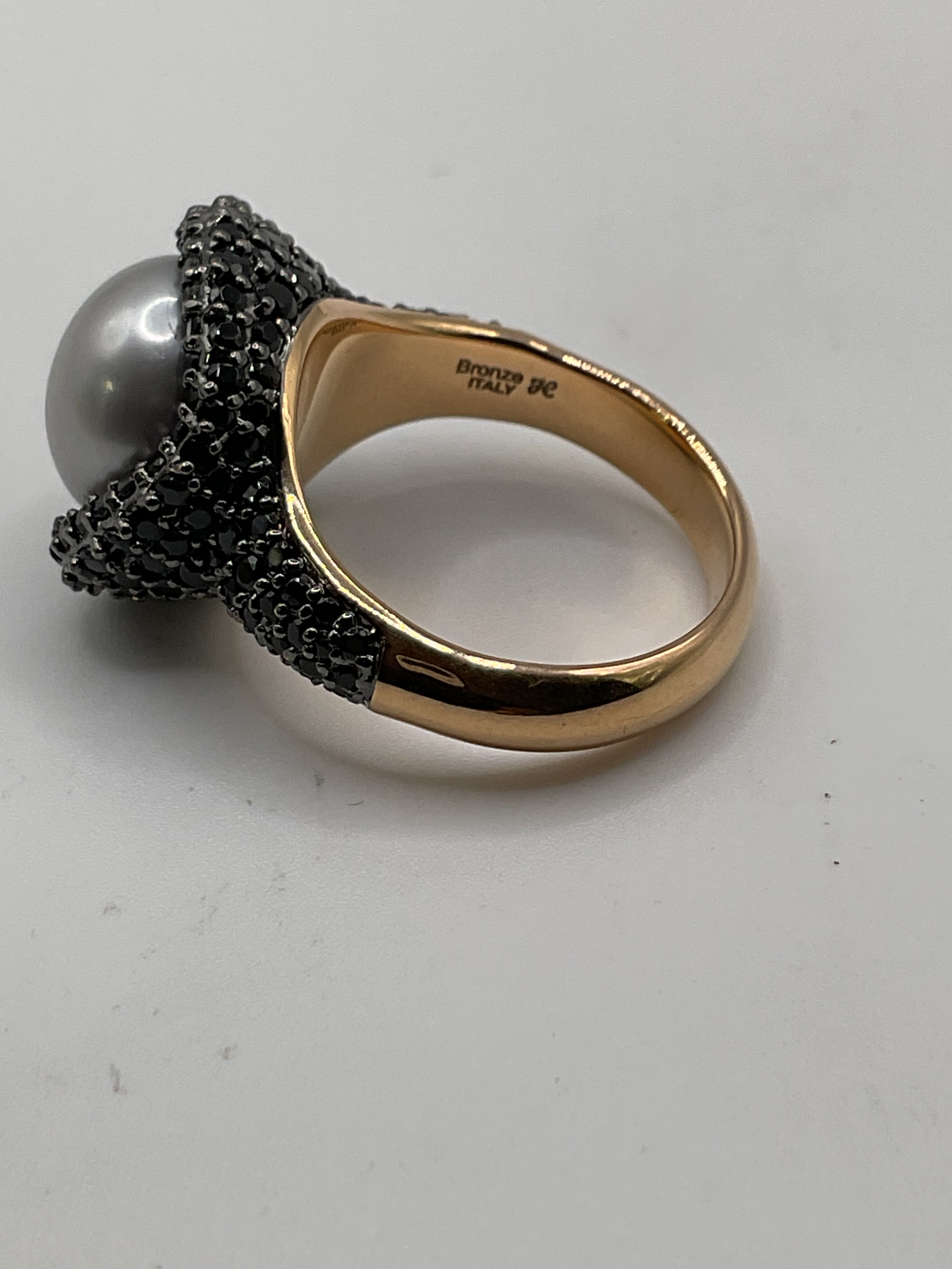 Italian Bronze Statement Ring | Black Spinel Pavé Halo with Pearl Center | Designer Style - Estate Sale (Great Condition)