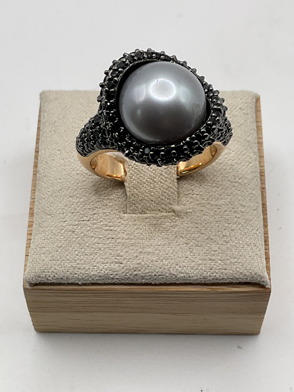 Italian Bronze Statement Ring | Black Spinel Pavé Halo with Pearl Center | Designer Style - Estate Sale (Great Condition)