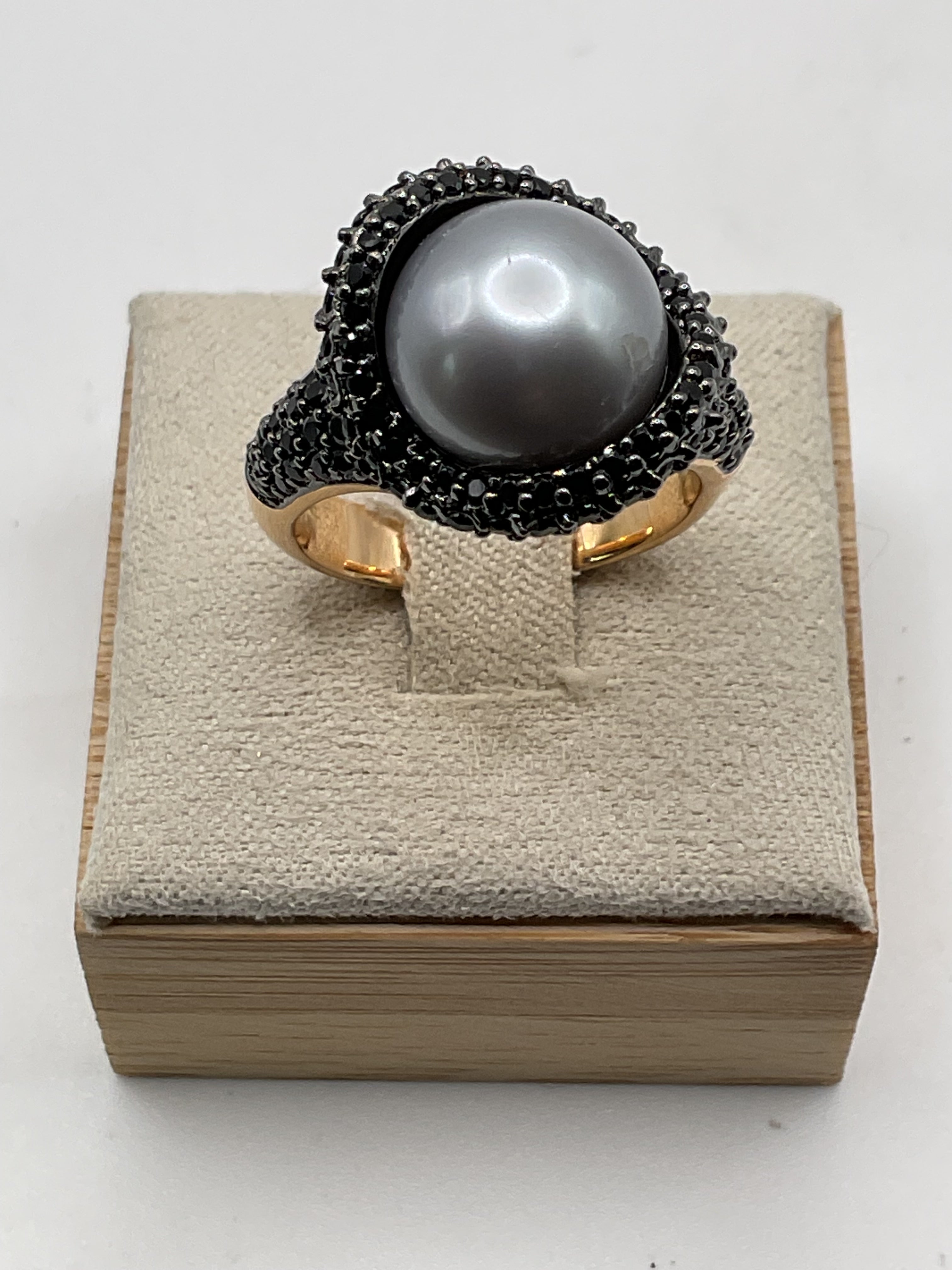 Italian Bronze Statement Ring | Black Spinel Pavé Halo with Pearl Center | Designer Style - Estate Sale (Great Condition)