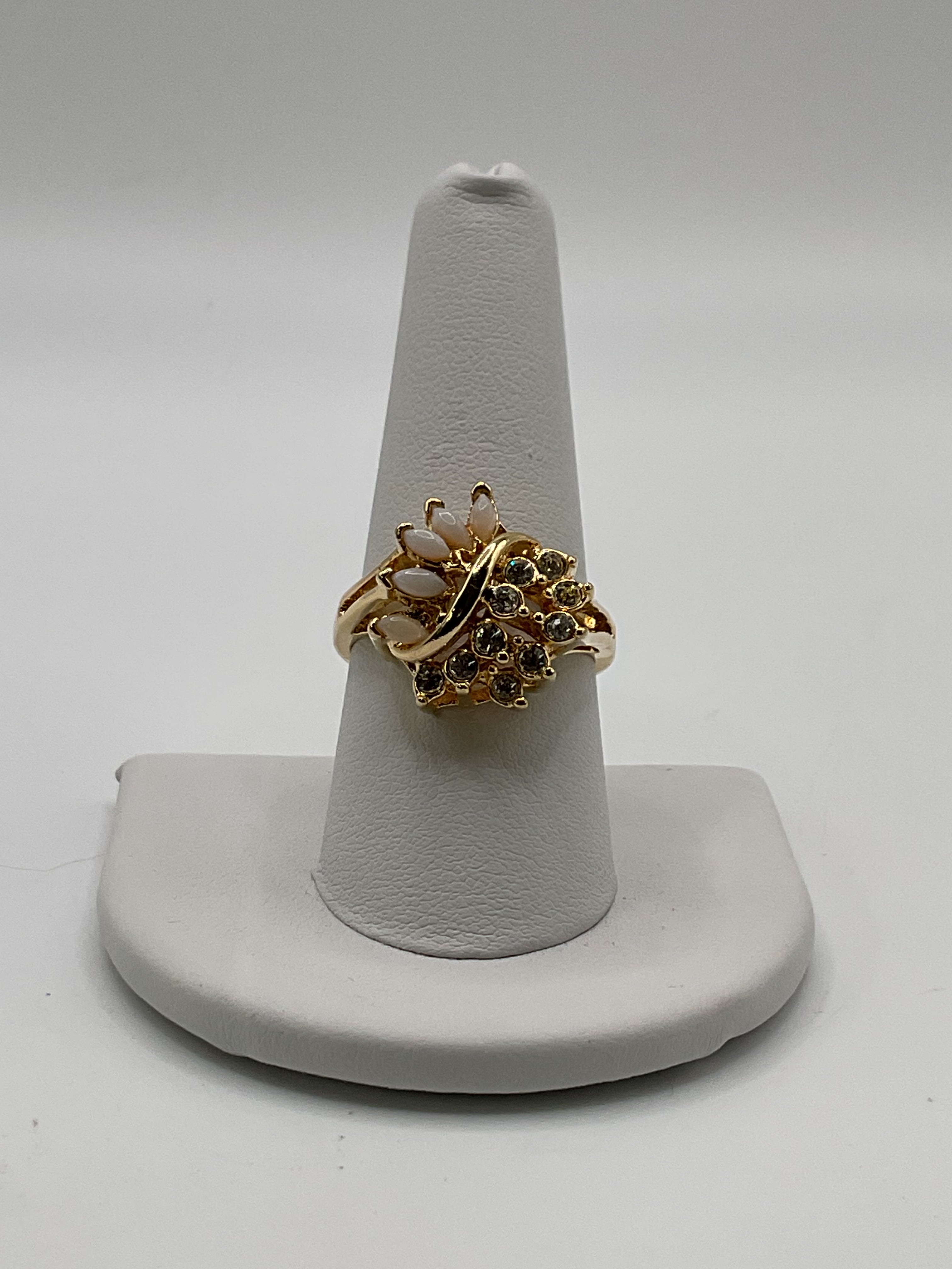Vintage Uncas Faux Opal & Rhinestone Gold Tone Cocktail Ring - Estate Sale (Great Condition)