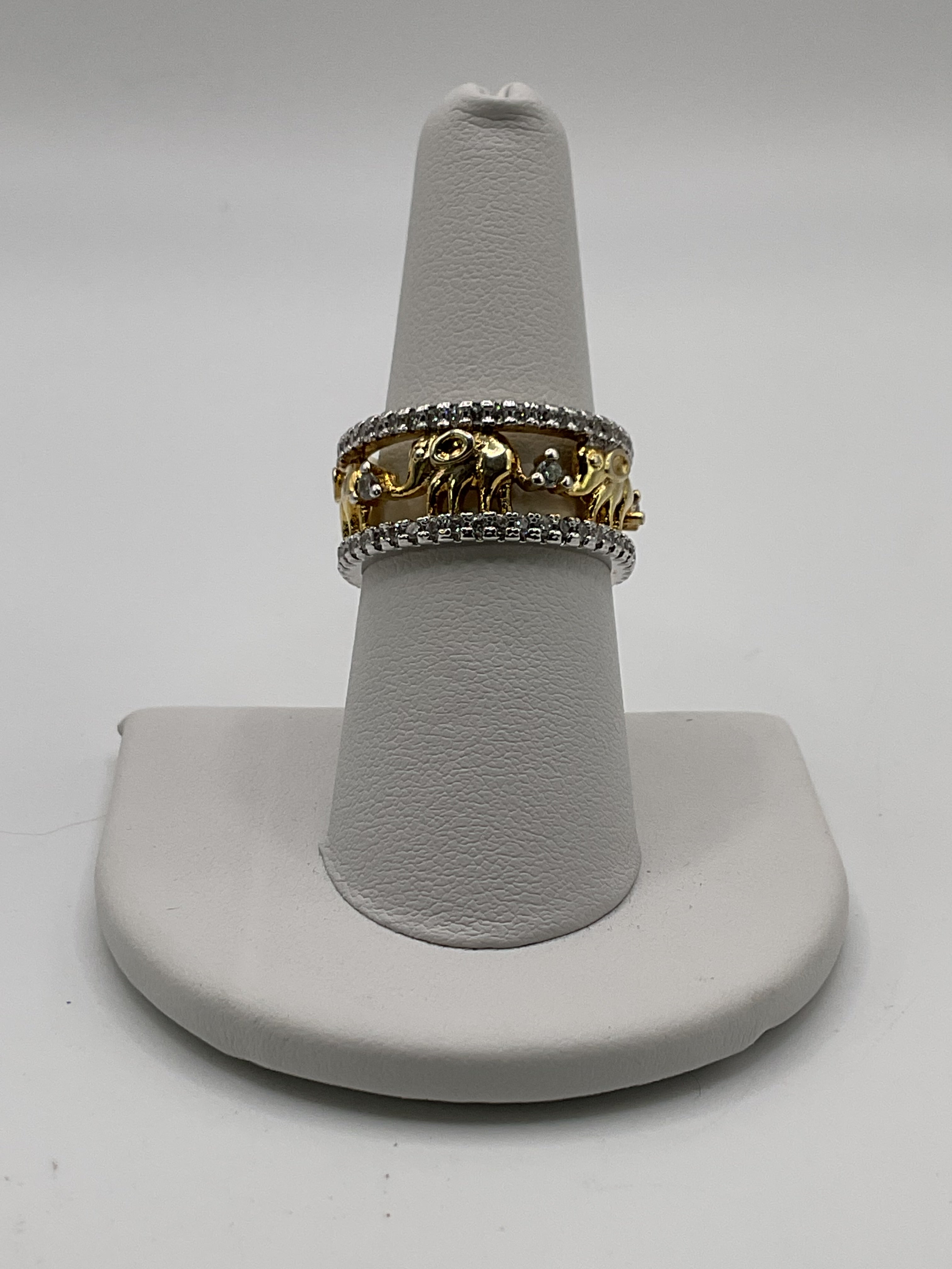 Elephant Family | Sterling Silver Two-Tone CZ Wide Band Ring | Symbol of Strength & Love - Estate Sale (Great Condition)