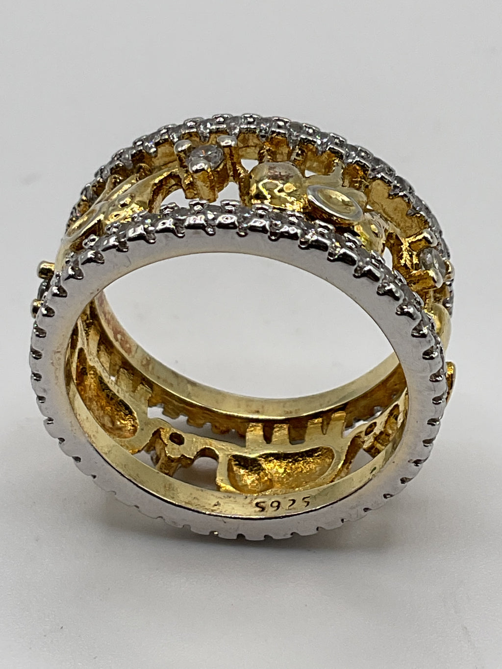 Elephant Family | Sterling Silver Two-Tone CZ Wide Band Ring | Symbol of Strength & Love - Estate Sale (Great Condition)