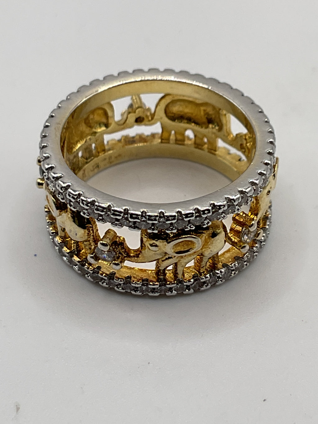 Elephant Family | Sterling Silver Two-Tone CZ Wide Band Ring | Symbol of Strength & Love - Estate Sale (Great Condition)