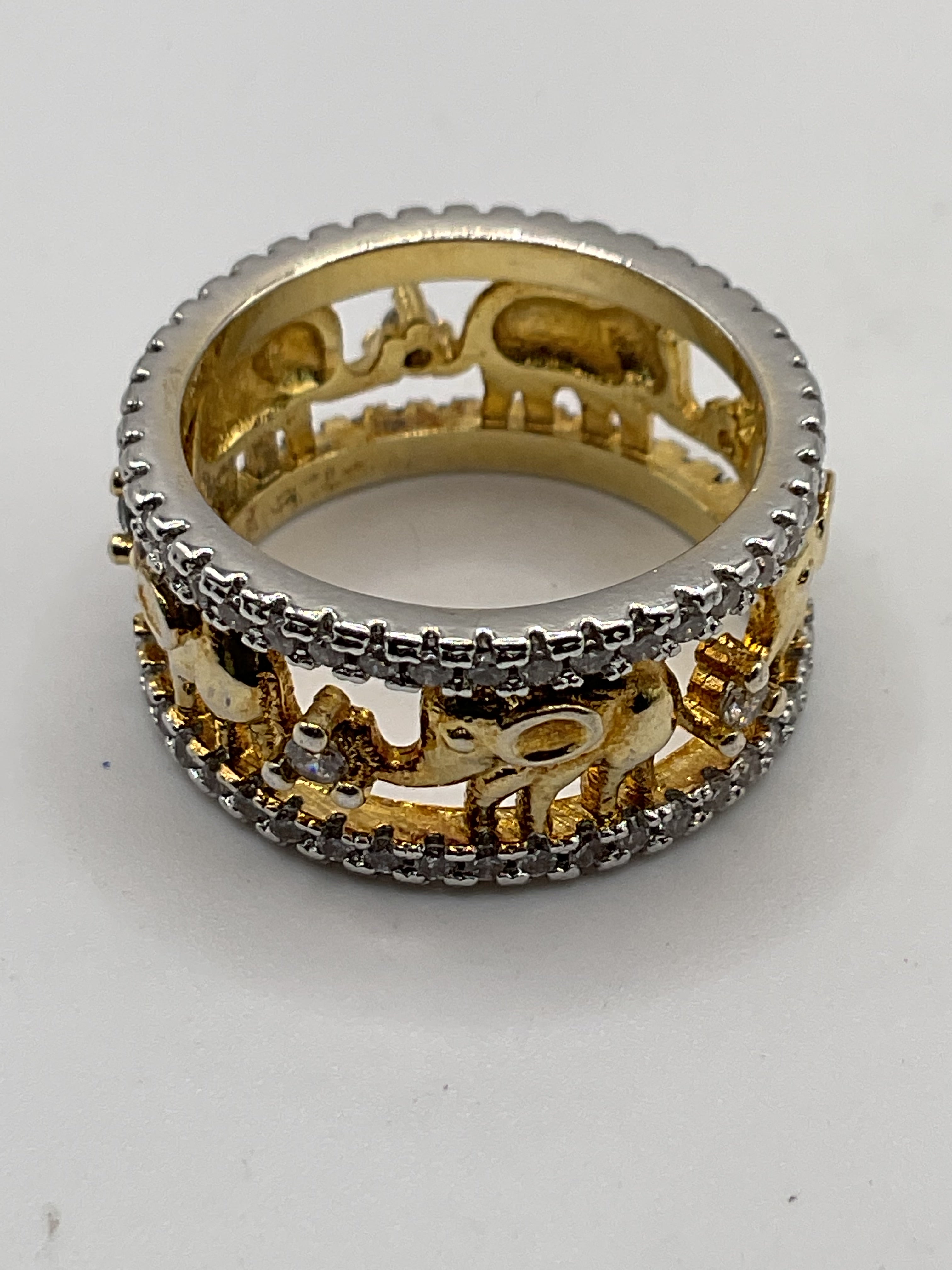 Elephant Family | Sterling Silver Two-Tone CZ Wide Band Ring | Symbol of Strength & Love - Estate Sale (Great Condition)