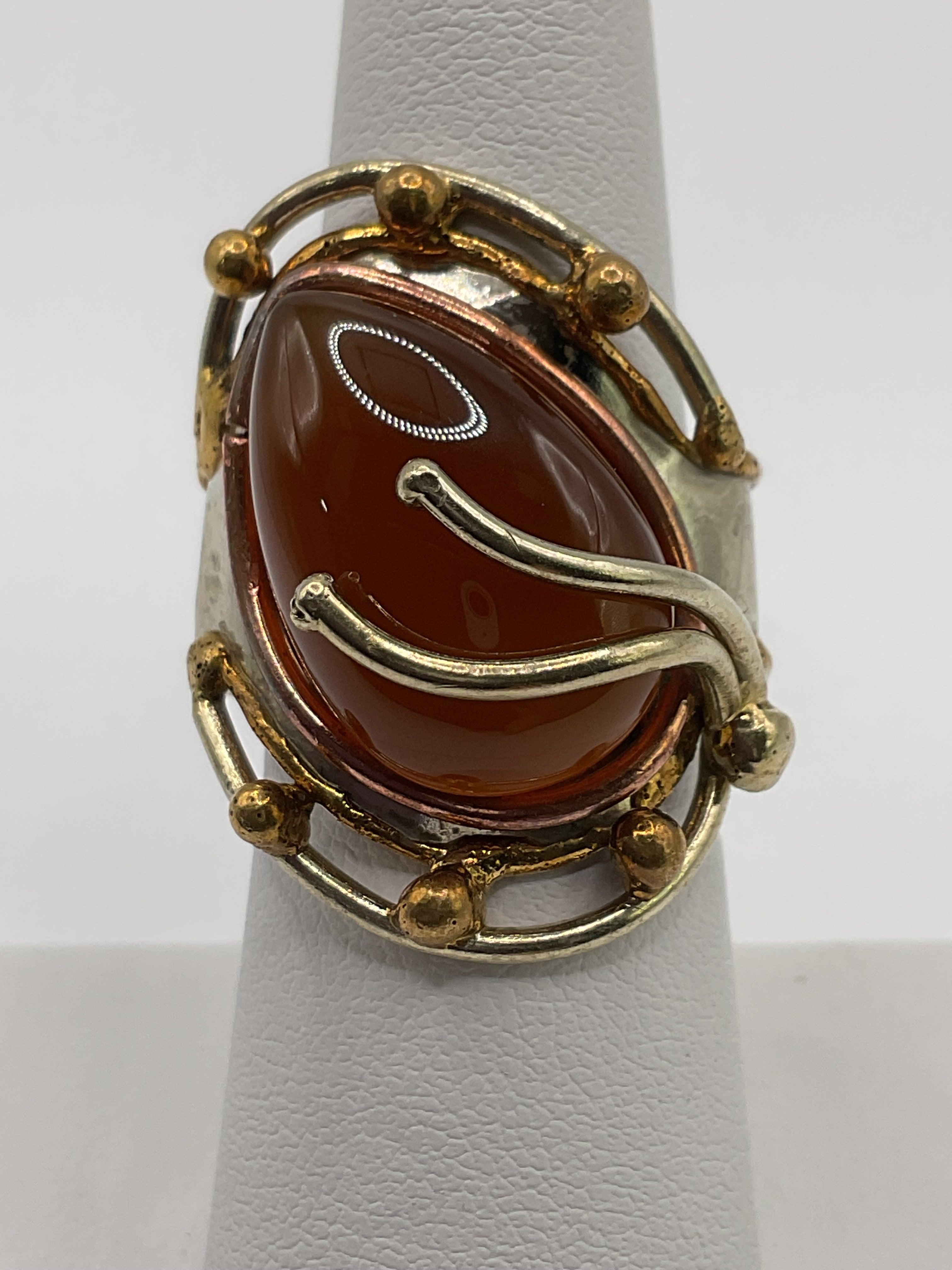 Carnelian Statement Ring | Bold Teardrop Cabochon Mixed Metal Artisan Style - Estate Sale (Great Condition)