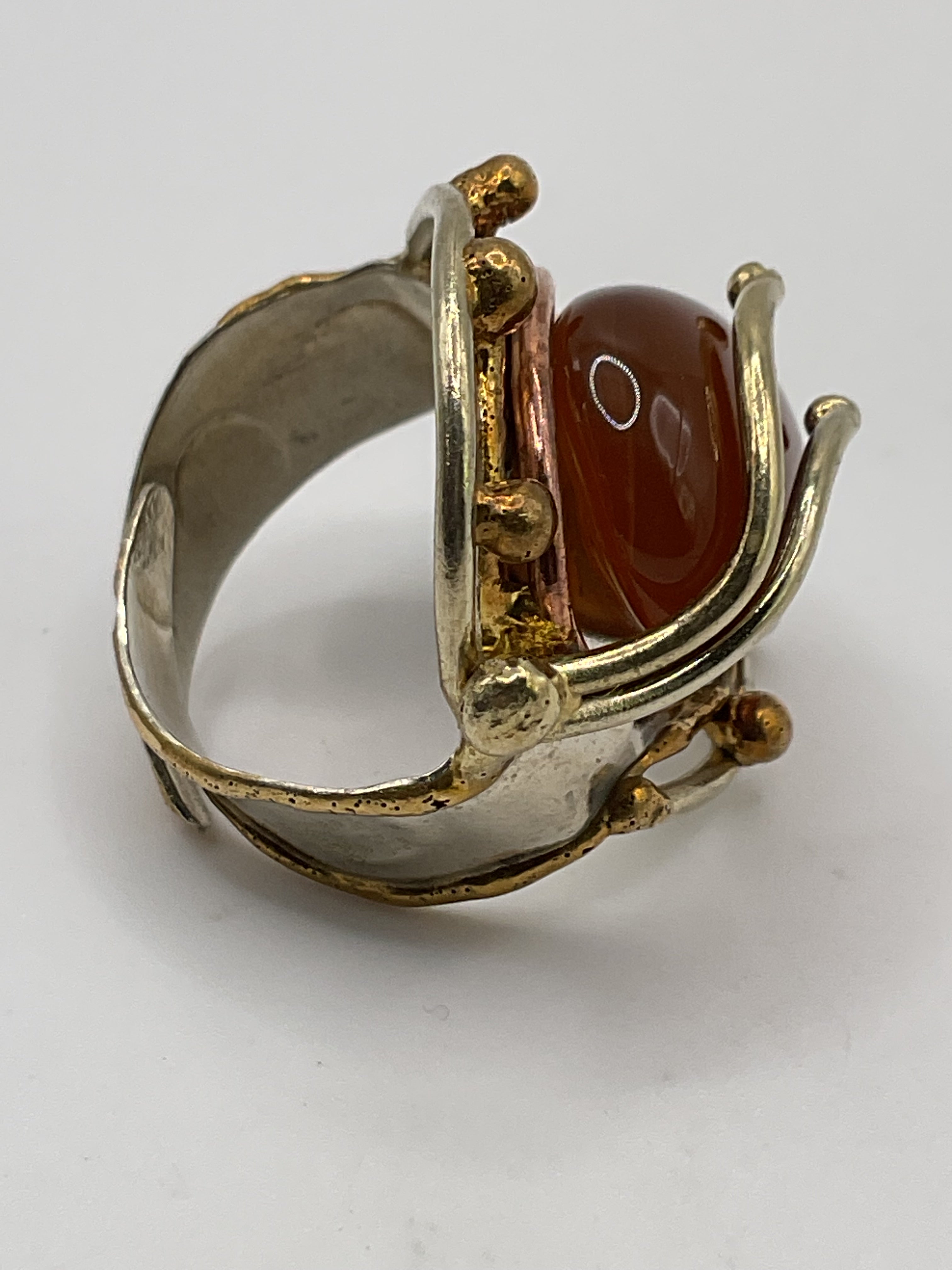 Carnelian Statement Ring | Bold Teardrop Cabochon Mixed Metal Artisan Style - Estate Sale (Great Condition)