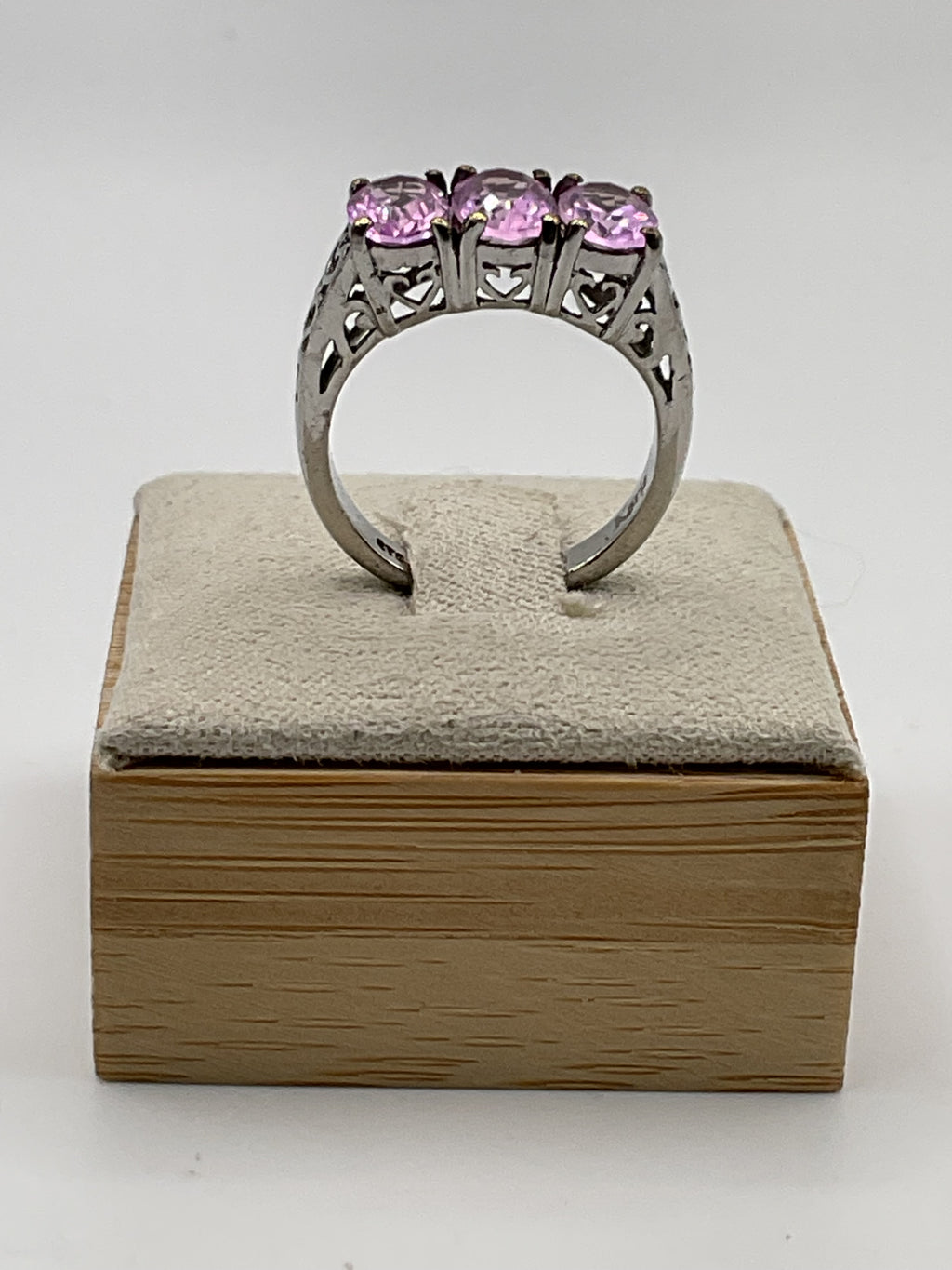 Karis 925 Sterling Silver Pink Sapphire Three-Stone Ring | Trilogy Style - Estate Sale (Great Condition)