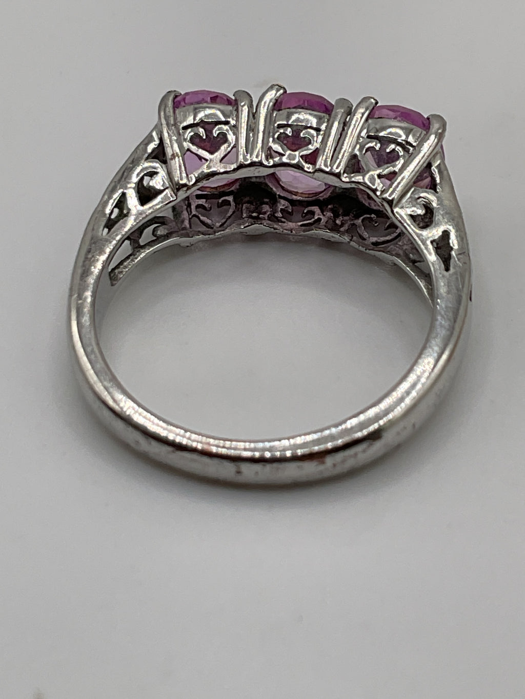Karis 925 Sterling Silver Pink Sapphire Three-Stone Ring | Trilogy Style - Estate Sale (Great Condition)