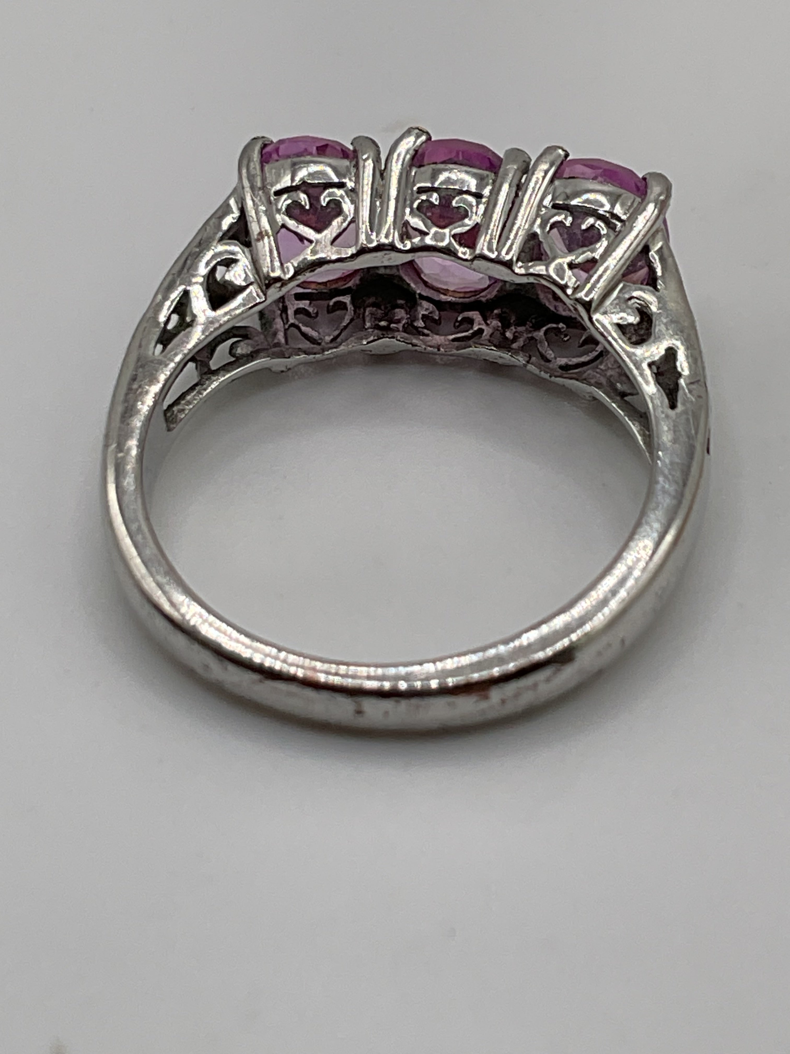 Karis 925 Sterling Silver Pink Sapphire Three-Stone Ring | Trilogy Style - Estate Sale (Great Condition)