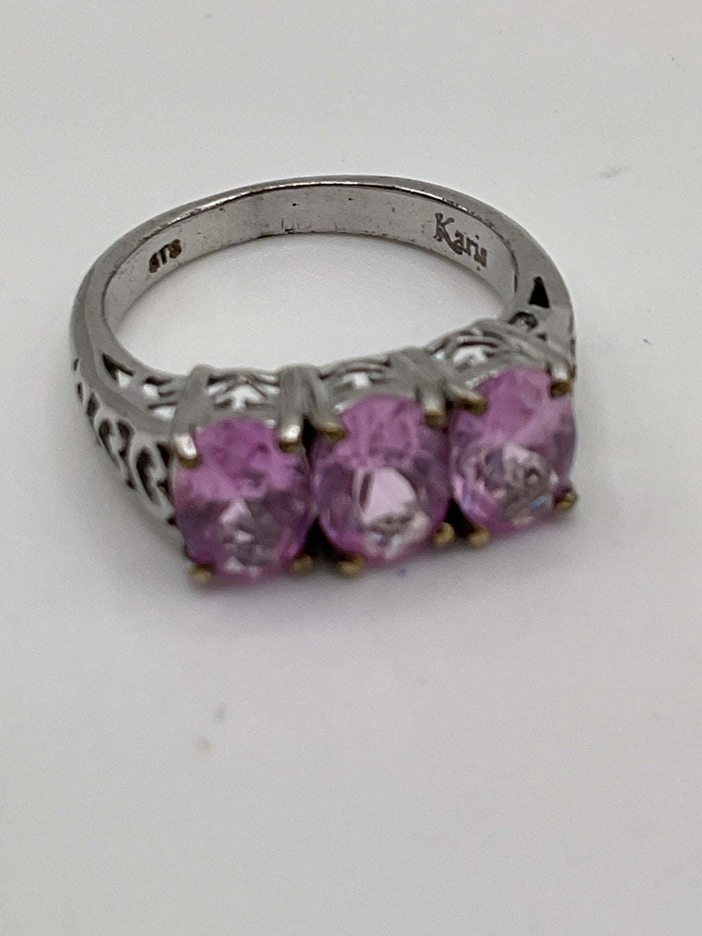 Karis 925 Sterling Silver Pink Sapphire Three-Stone Ring | Trilogy Style - Estate Sale (Great Condition)