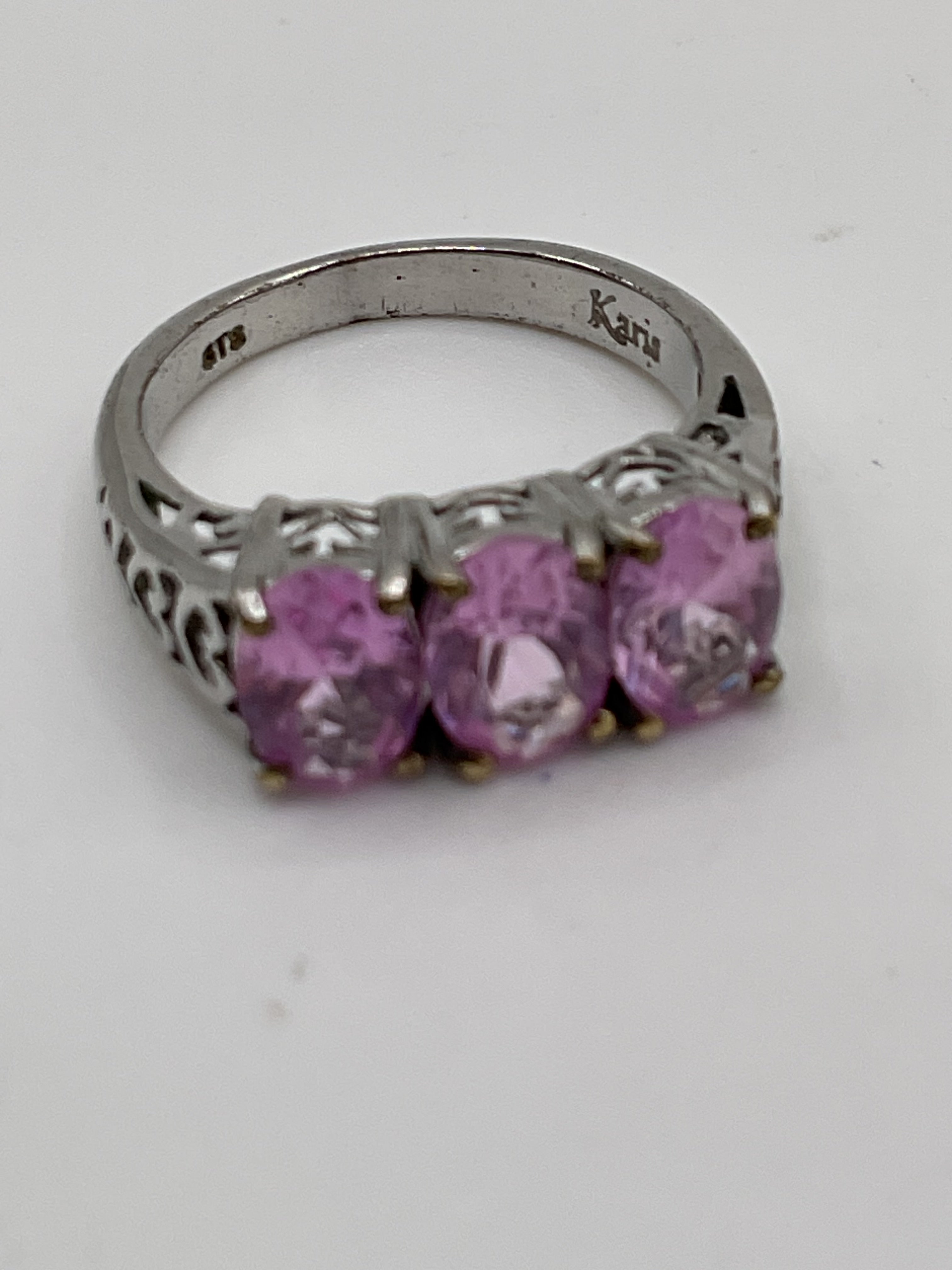 Karis 925 Sterling Silver Pink Sapphire Three-Stone Ring | Trilogy Style - Estate Sale (Great Condition)