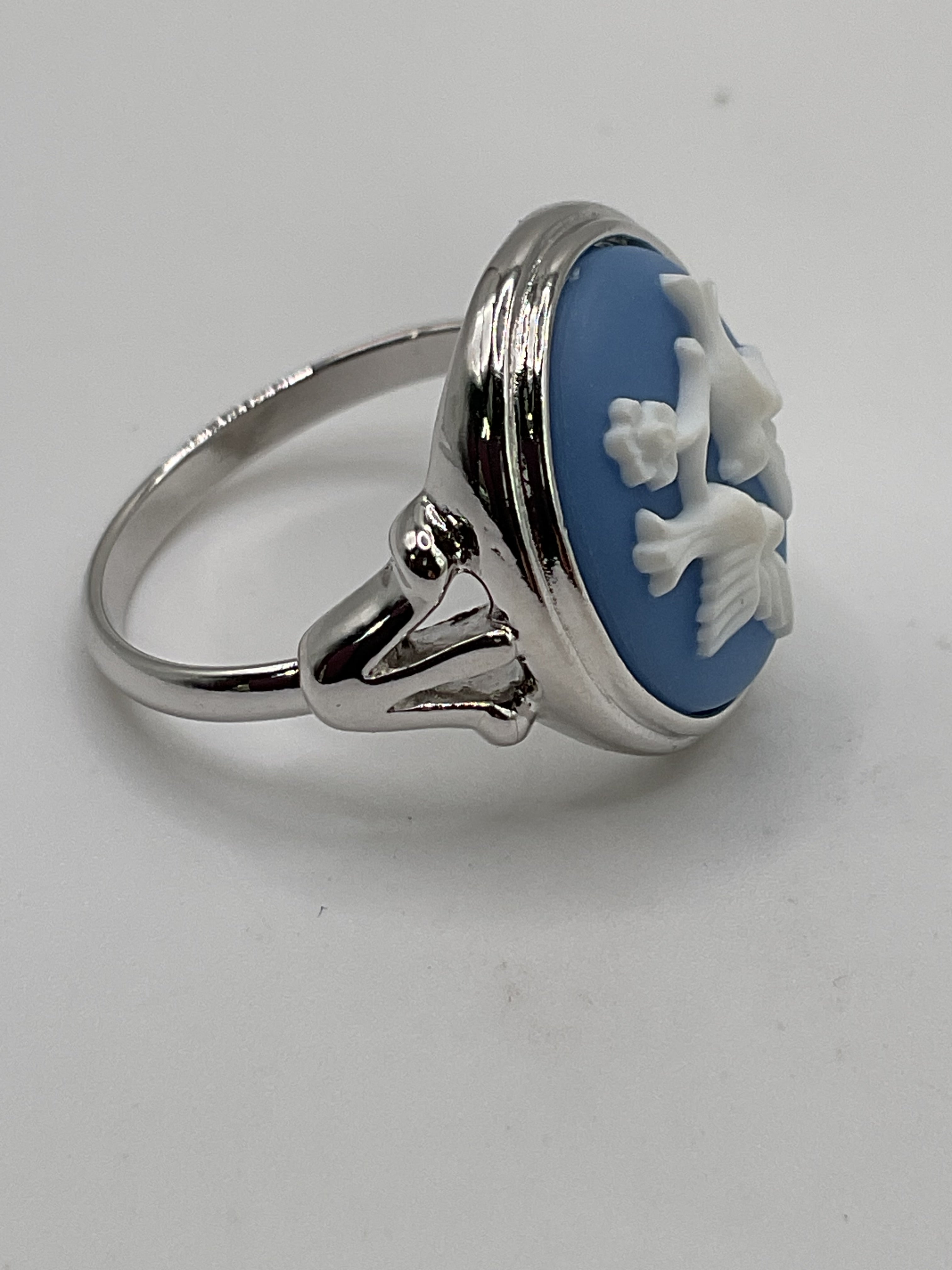 Vintage Avon Blue Cameo Ring | White Bird Motif | Silver Tone Statement Ring - Estate Sale (Great Condition)